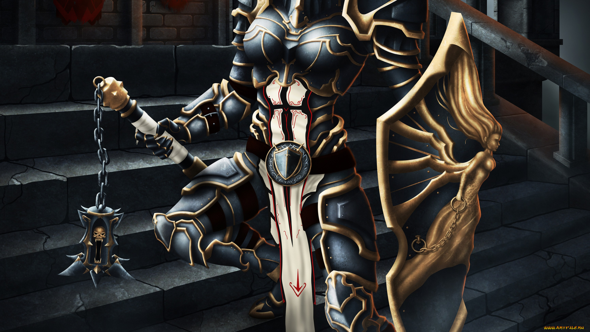 видео, игры, diablo, iii, , reaper, of, souls, ступени, арт, лестница, игра, блондинка, оружие, щит, огонь, девушка, доспехи