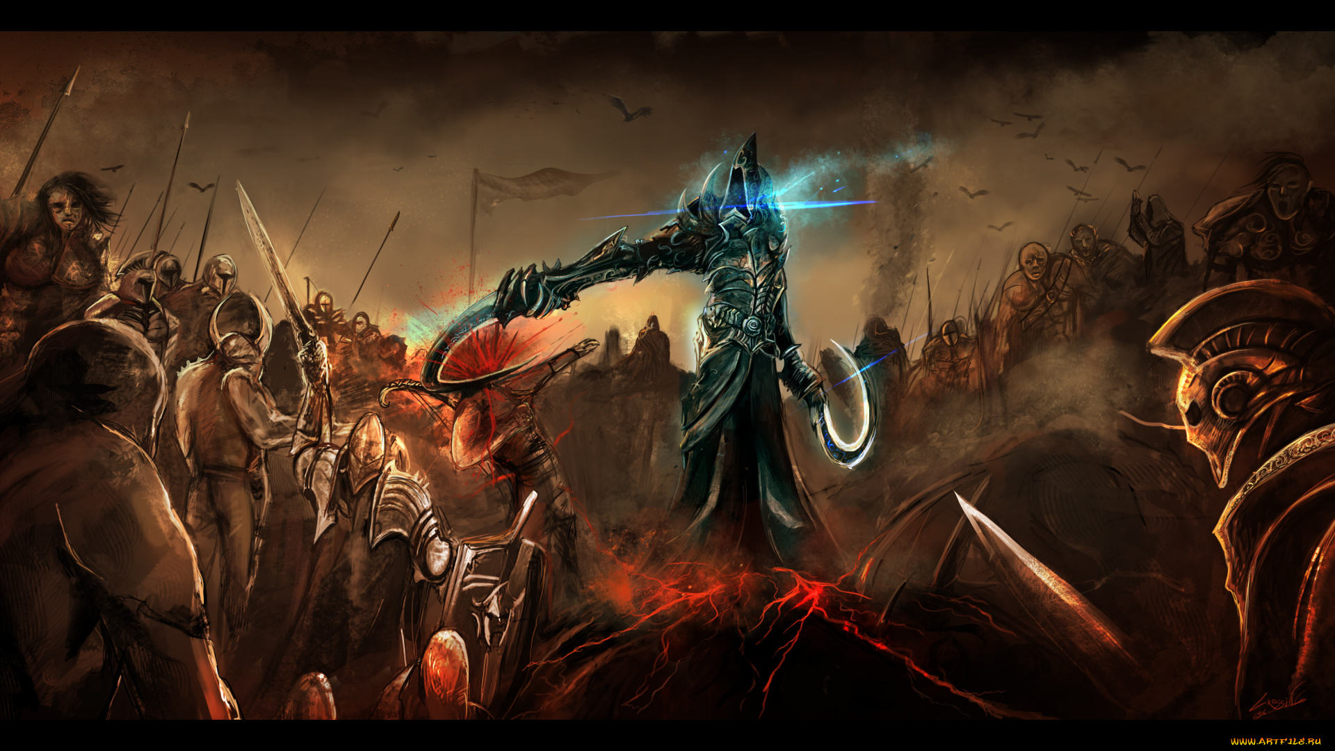 видео, игры, diablo, iii, , reaper, of, souls, сияние, флаги, копья, мечи, кровь, люди, оружие, серпы, дьявол, мрачно, птицы