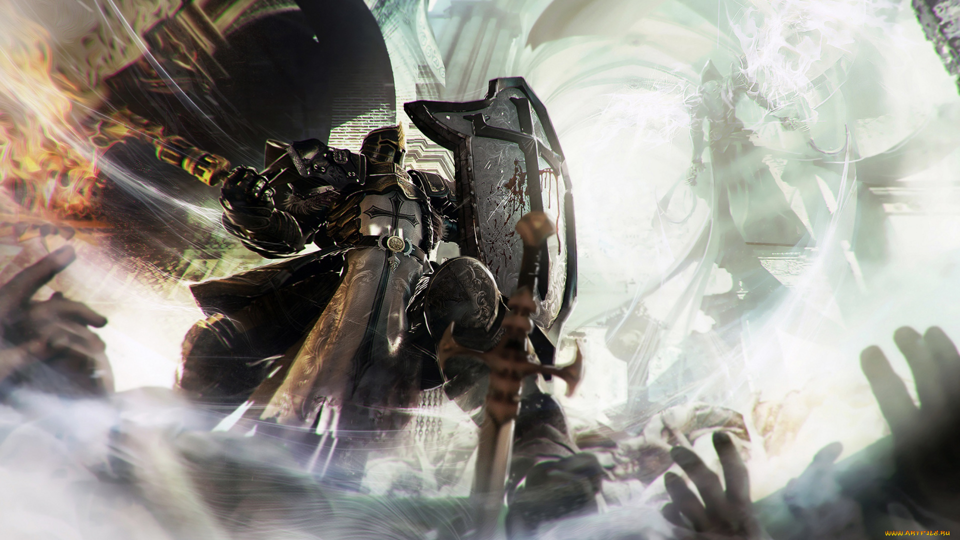 видео, игры, diablo, iii, доспехи, воин, оружие, шлем, щит