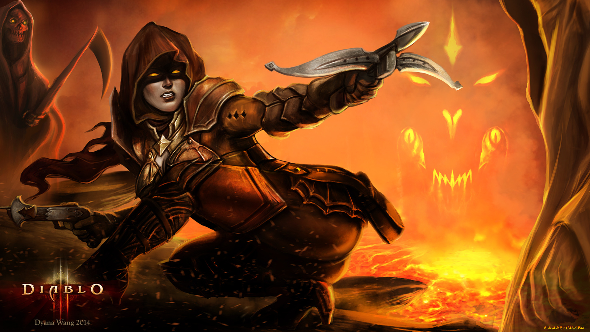 видео, игры, diablo, iii, смерть, лук, арт, девушка, нежить, искры, доспехи, лава, коса, капюшон, воин, скелет