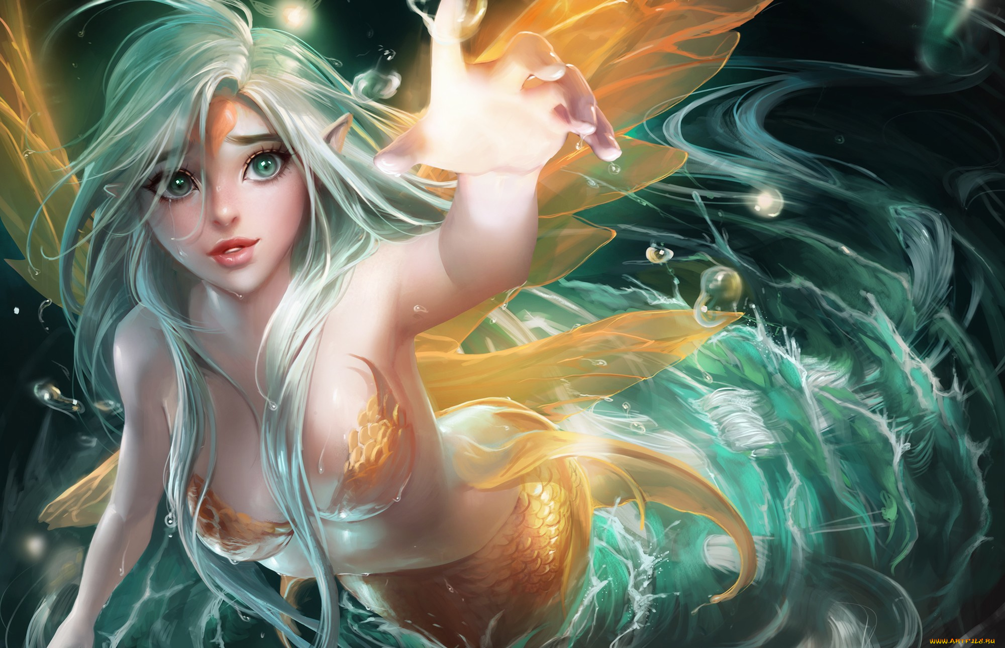 фэнтези, русалки, девушка, русалка, море, рука, пузырьки