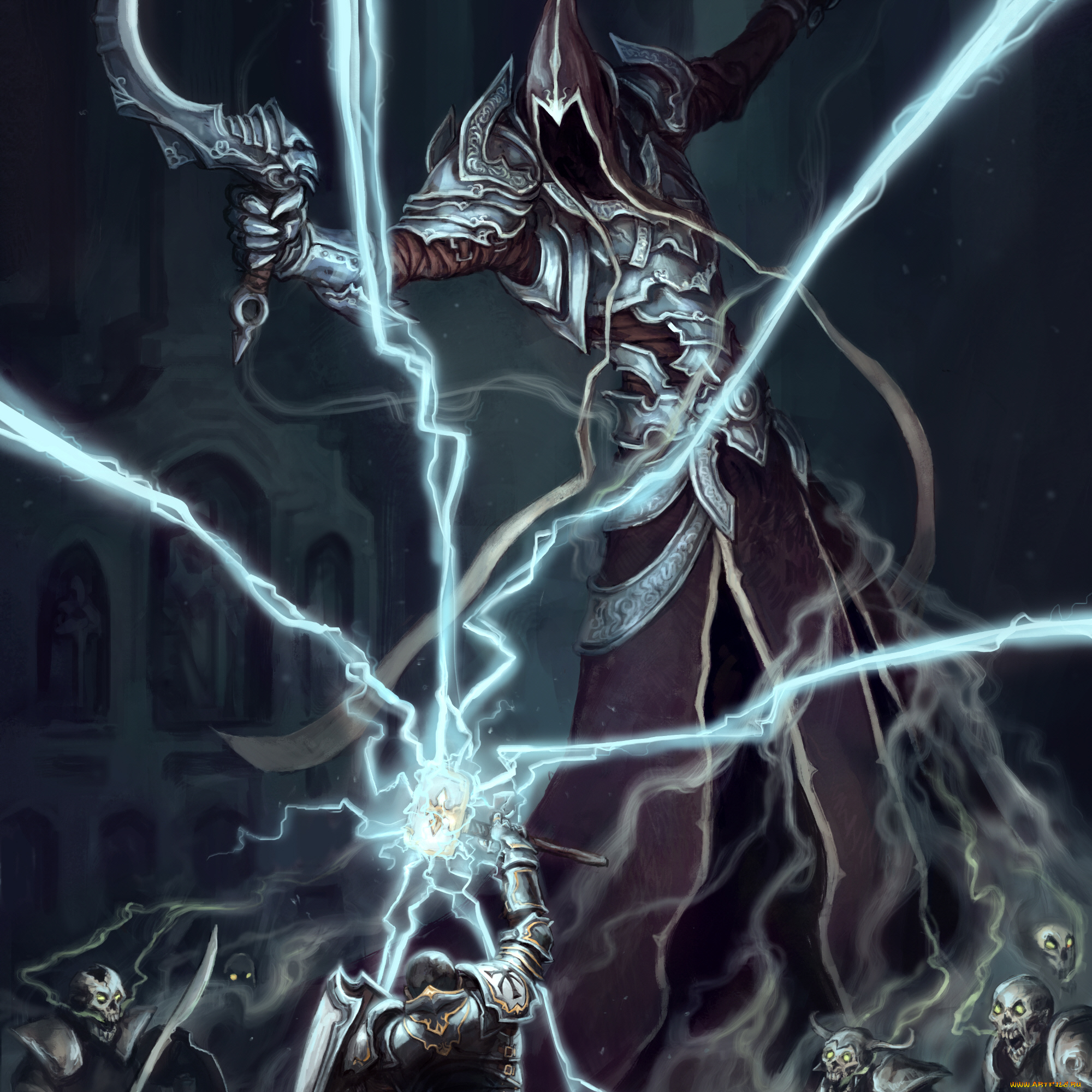 видео, игры, diablo, iii, , reaper, of, souls, бой, души, черепа, дьявол, арт, сияние, серп, человек, лучи