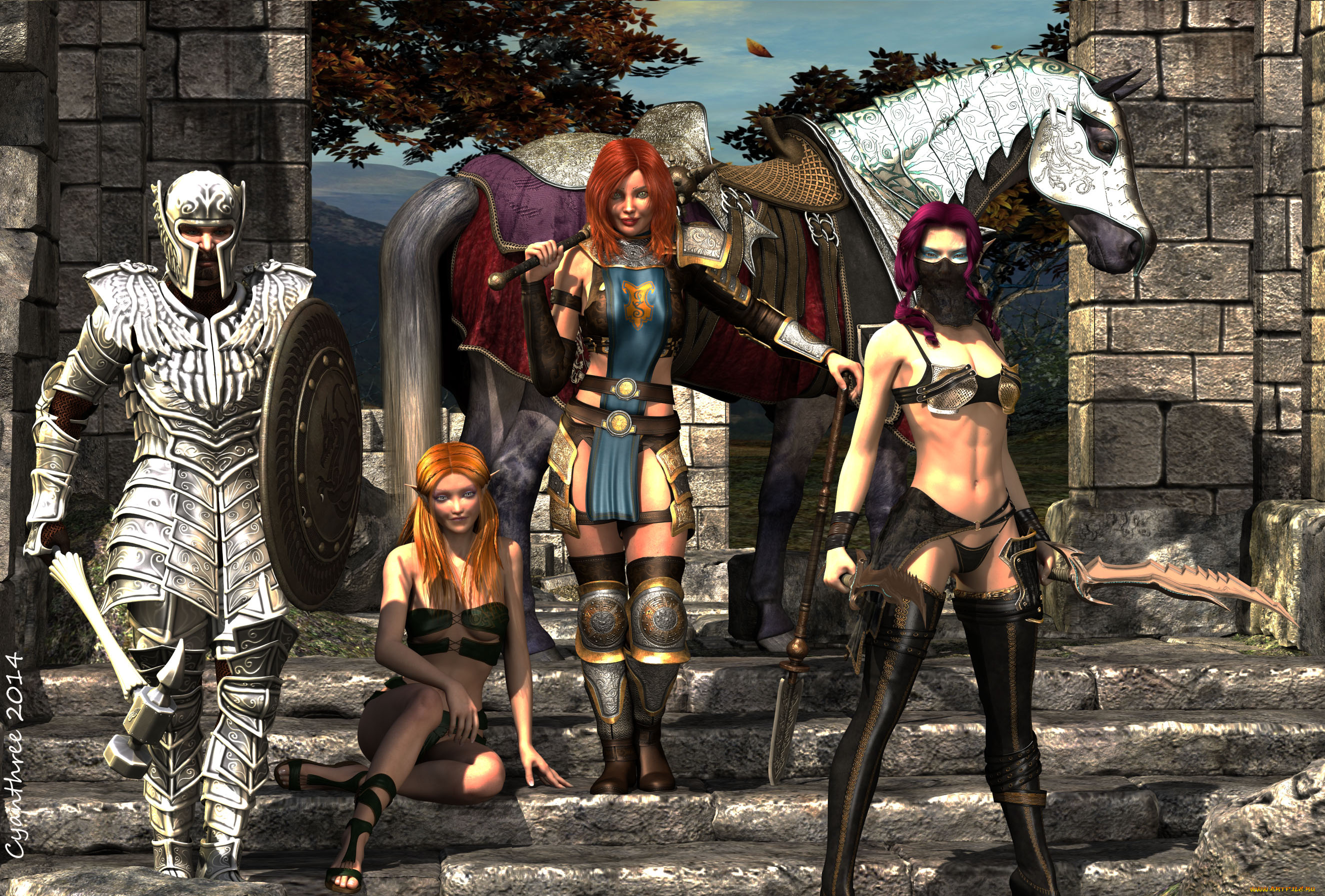 3д, графика, amazon, , амазонки, лошадь, оружие, девушки