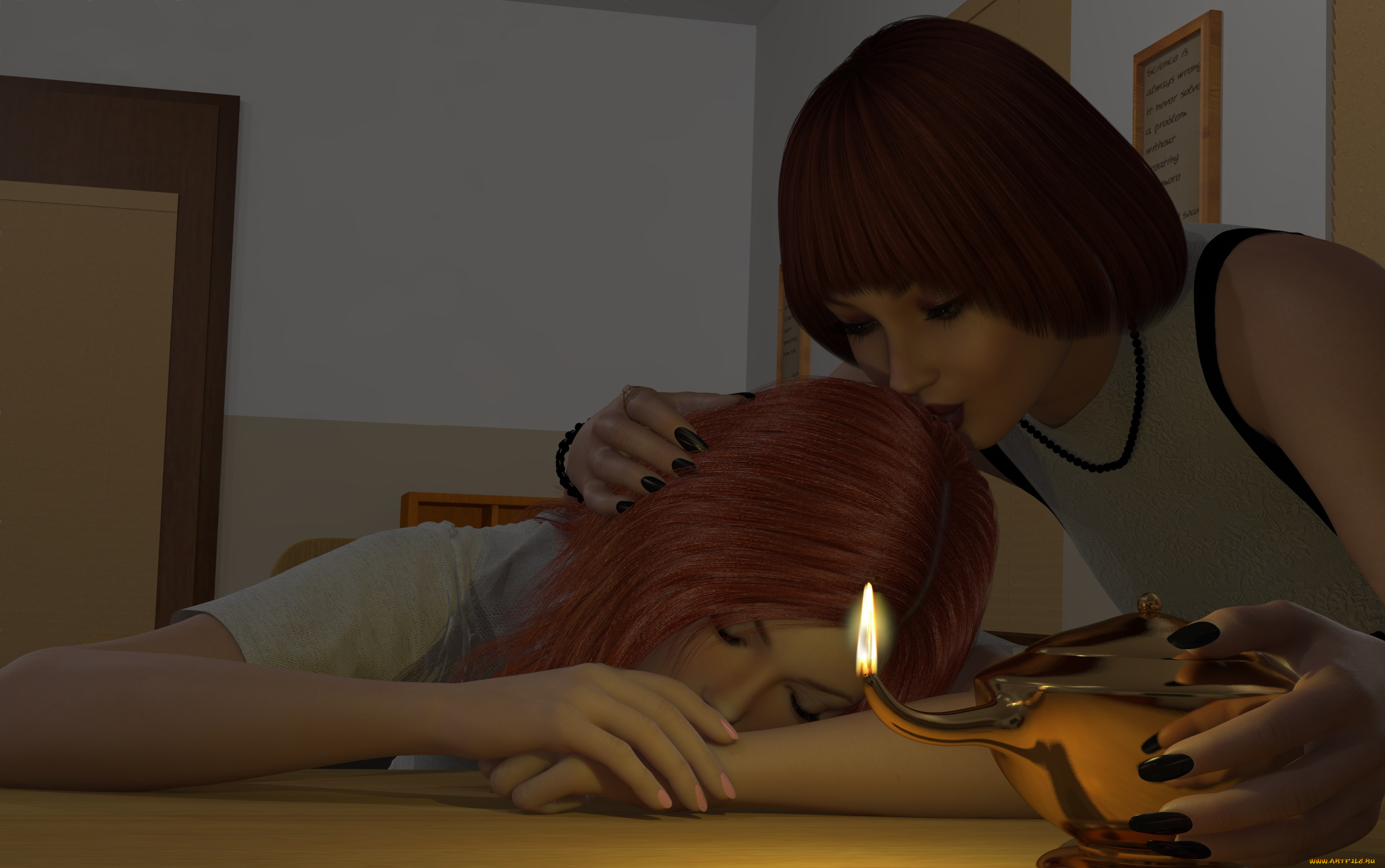 3д, графика, people, , люди, лампа, стол, девушки