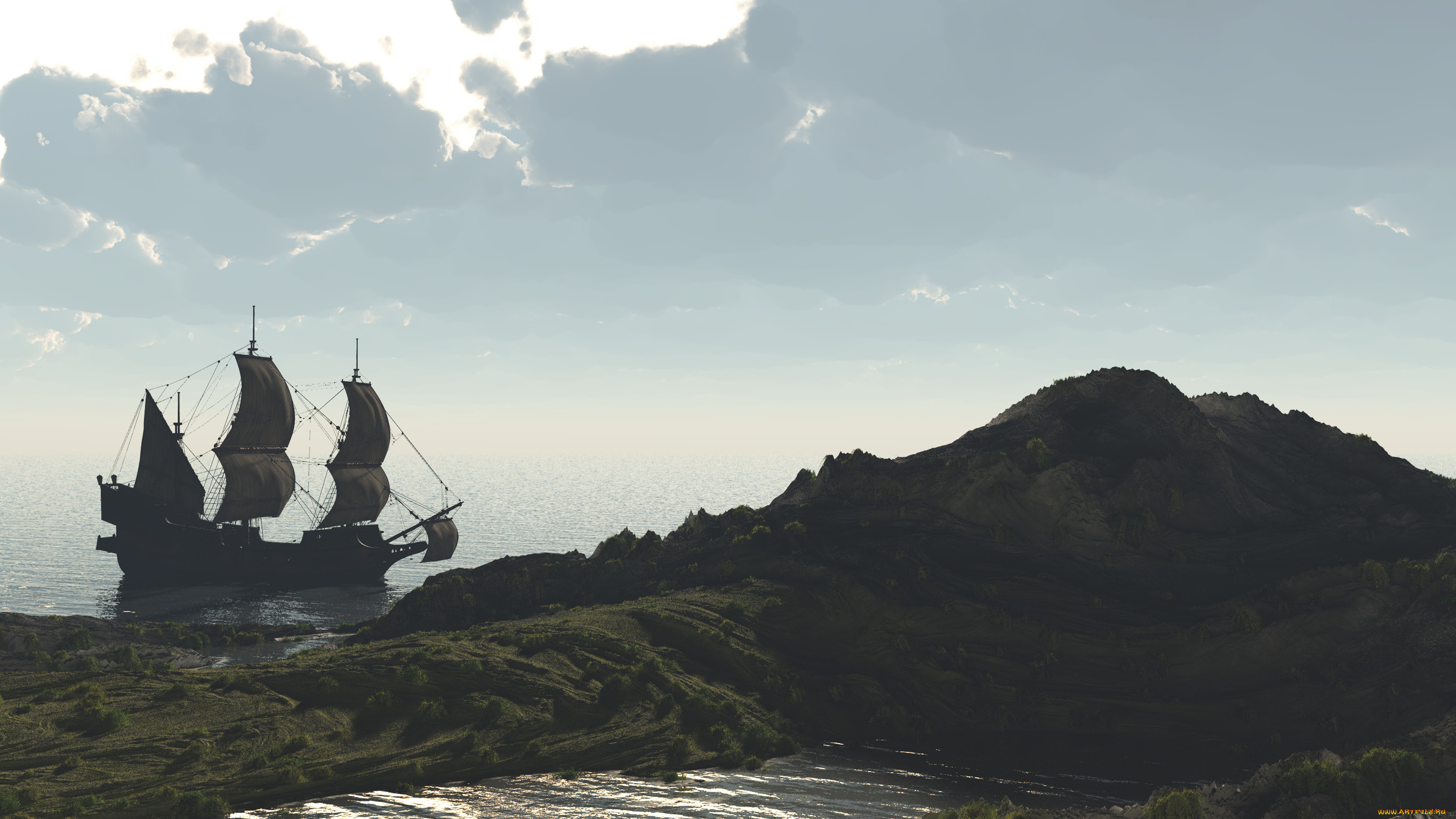 корабли, 3d, облака, паруса, море