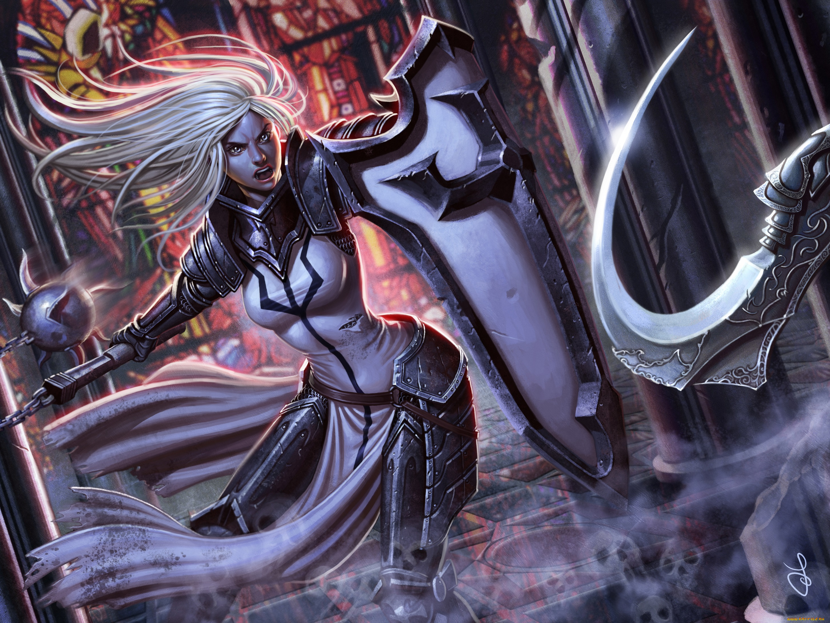 видео, игры, diablo, iii, , reaper, of, souls, арт, оружие, щит, блондинка, крик, игра, девушка, доспехи, души, серп