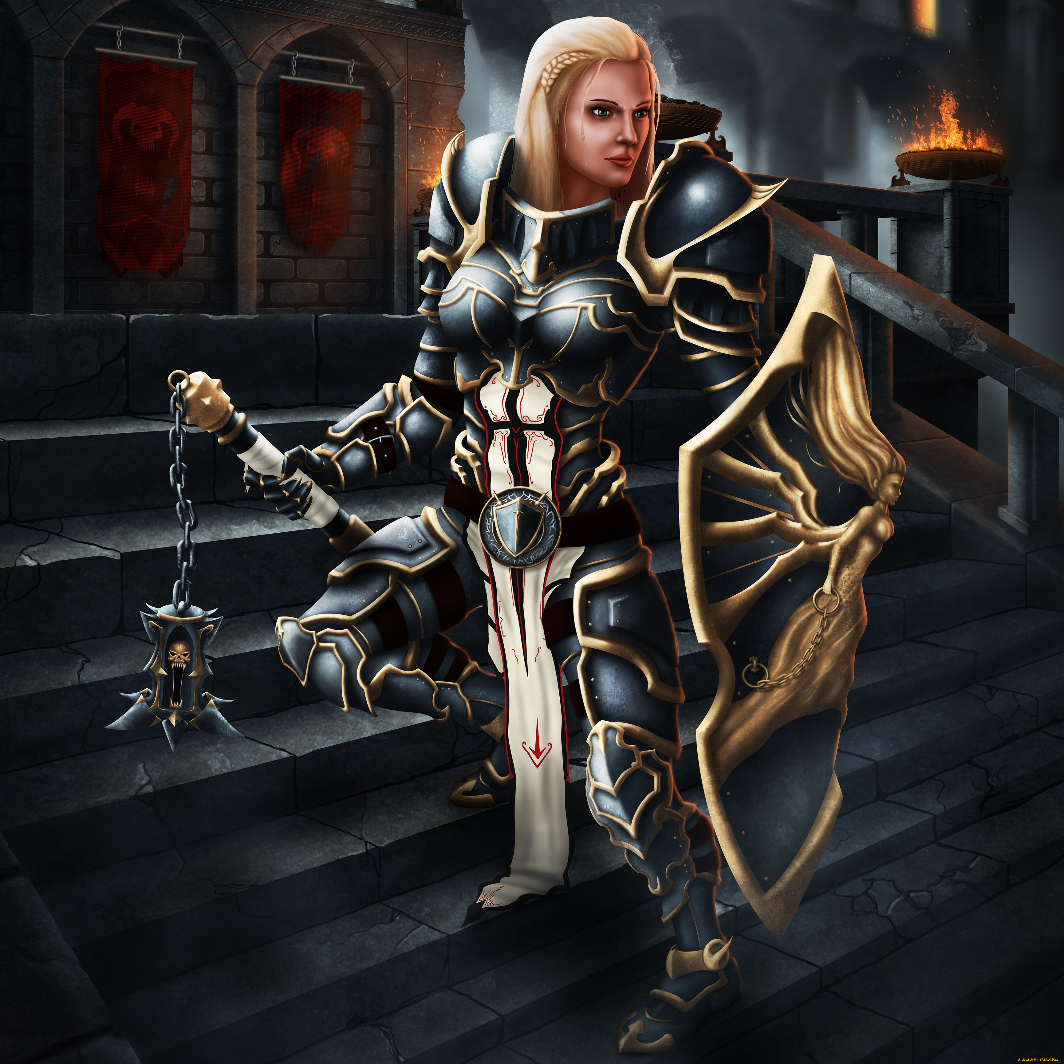 видео, игры, diablo, iii, , reaper, of, souls, ступени, арт, лестница, игра, блондинка, оружие, щит, огонь, девушка, доспехи