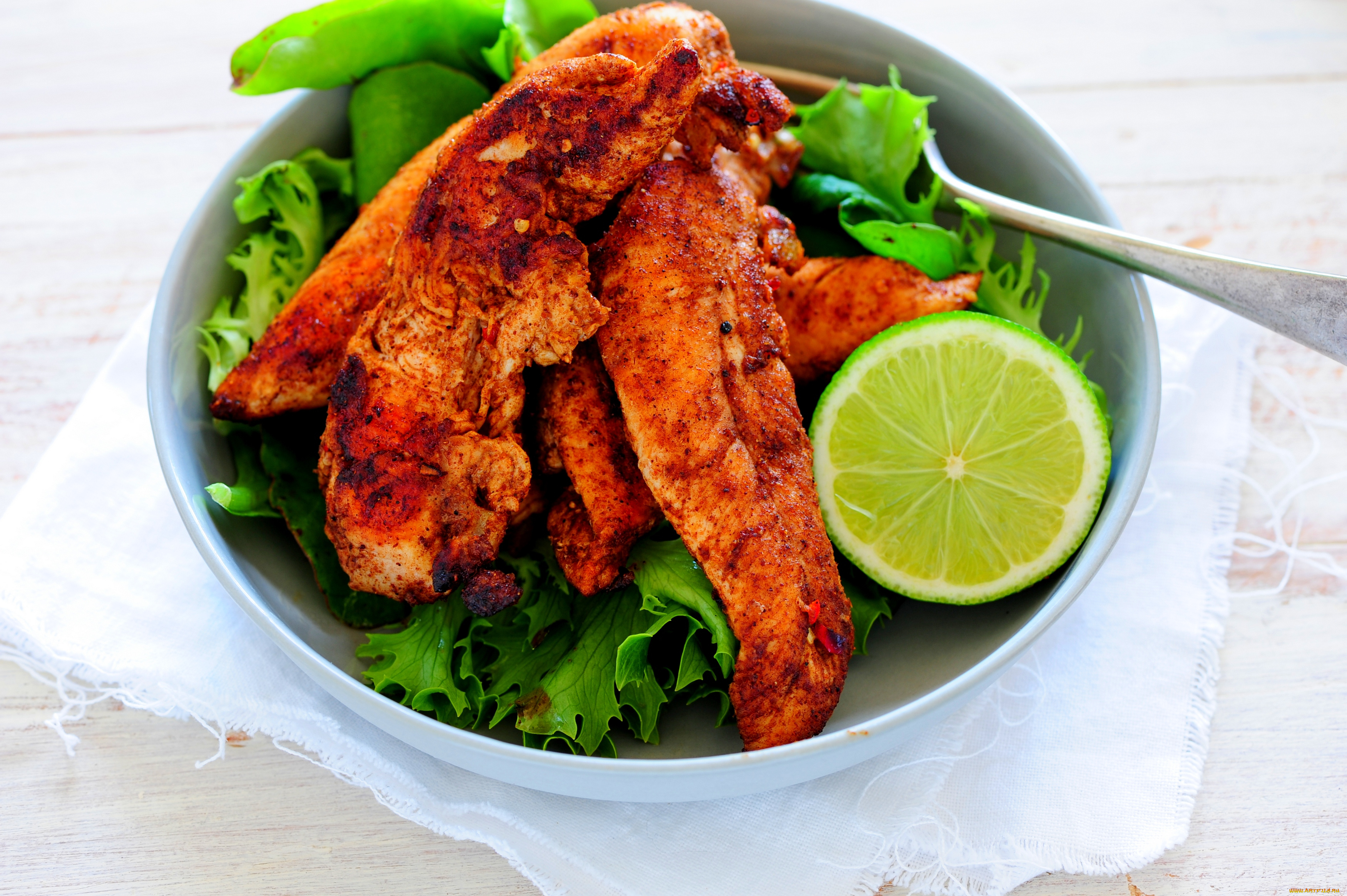 еда, мясные, блюда, вилка, лайм, жареное, мясо, зелень