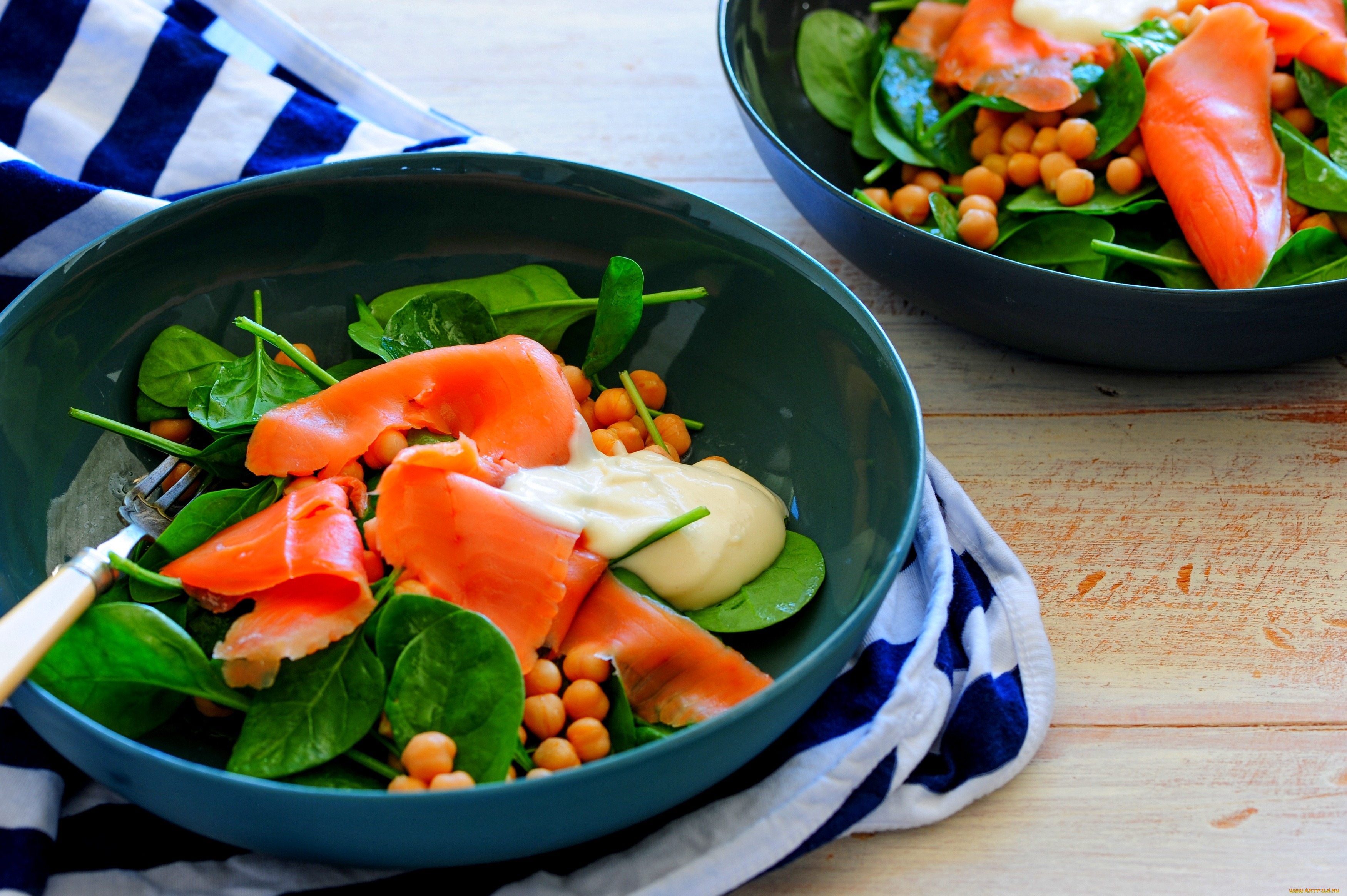 еда, рыбные, блюда, , с, морепродуктами, салат, закуска, зелень, бобы, лосось