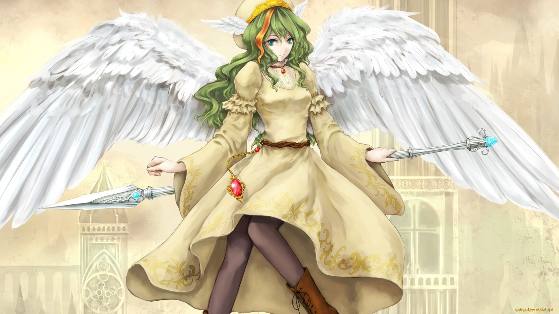аниме, ангелы, , демоны, копье, девушка, jure, of, healing, elona, yanaginiame, mia, платье, город, кулон, крылья, арт
