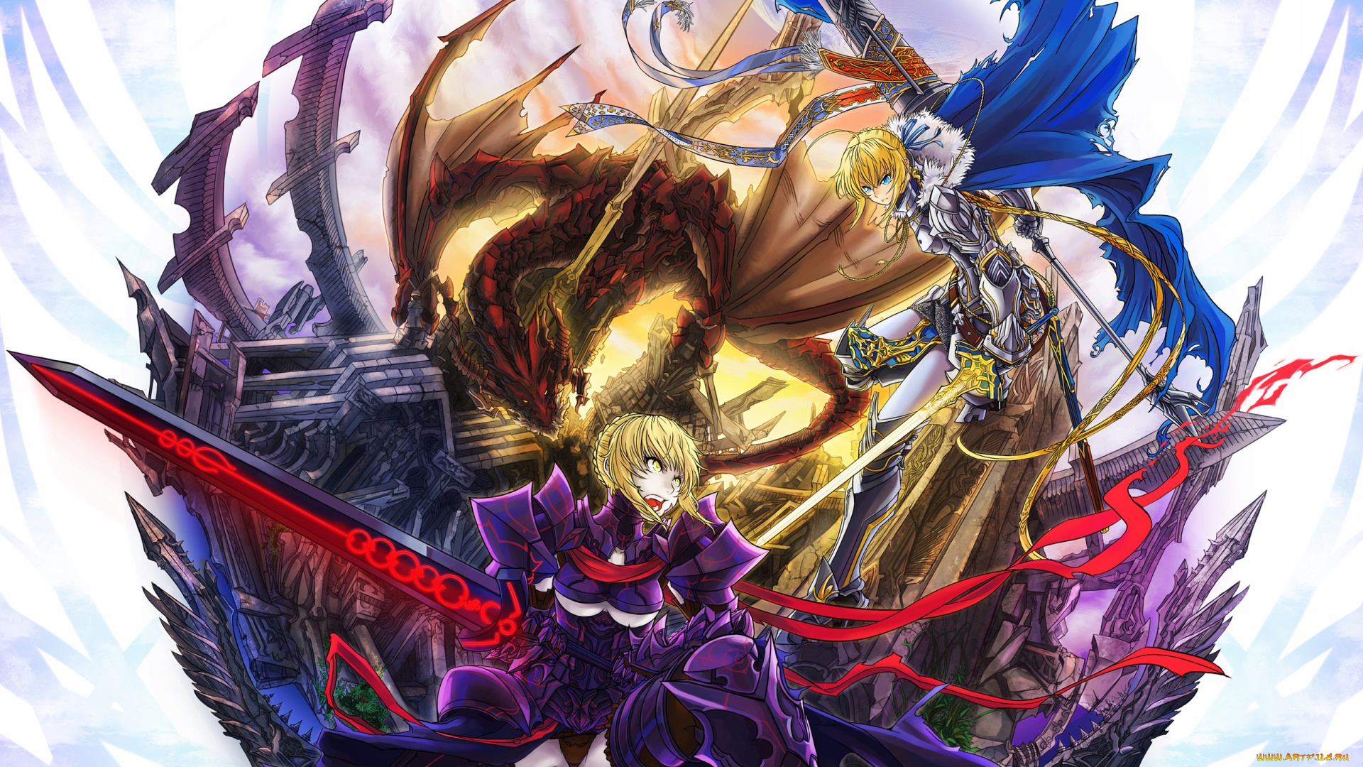 аниме, fate, stay, night, оружие, дракон, меч, todee, город, арт, девушки, saber, alter, stay, night