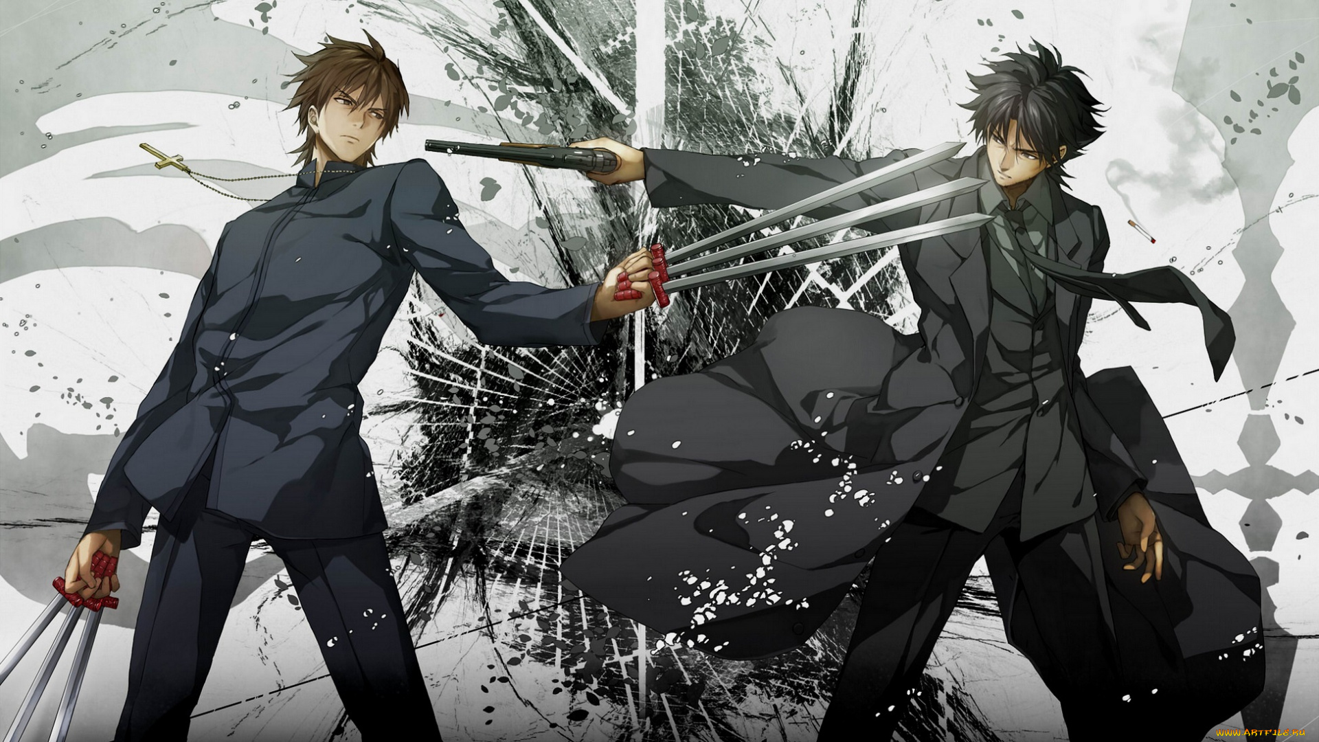 аниме, fate, zero, оружие, парни, мечи, пистолет, komecchi, kotomine, kirei, emiya, kiritsugu