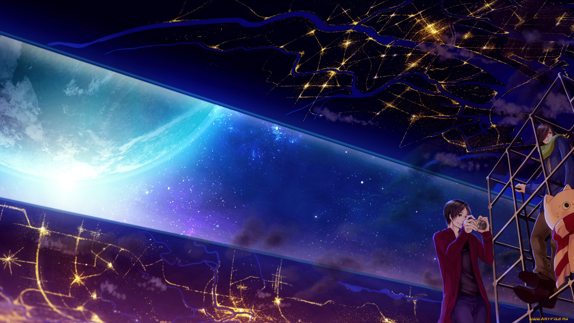 аниме, город, , улицы, , здания, земля, фотоаппарат, шарф, tamagosho, кот, парень, девушка, собака, планета, арт, огни