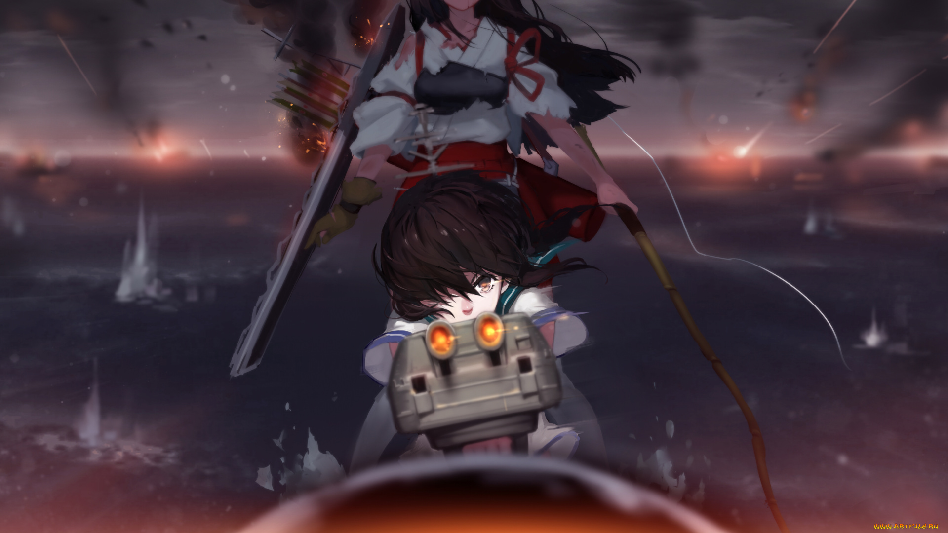 аниме, kantai, collection, fubuki, akagi, транспорт, девушки, арт, дым, kantai, collection, sola7764, kancolle, оружие