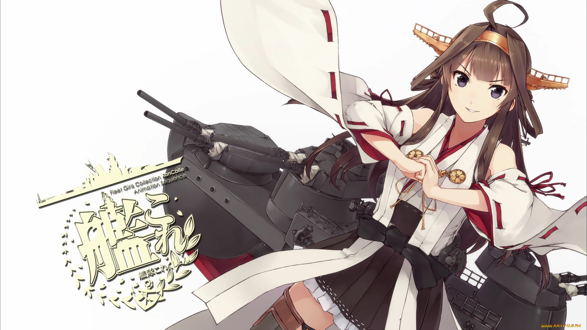 аниме, kantai, collection, konishi, koconatu, kancolle, kongou, kantai, collection, девушка, шатенка, улыбка, взгляд
