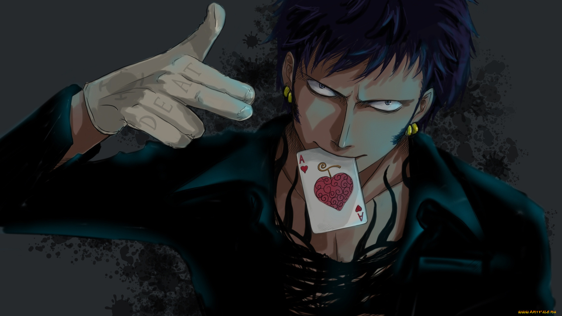 аниме, one, piece, trafalgar, law, сердце, туз, карта, большой, куш, one, piece, перчатка, серьги, арт, взгляд, парень