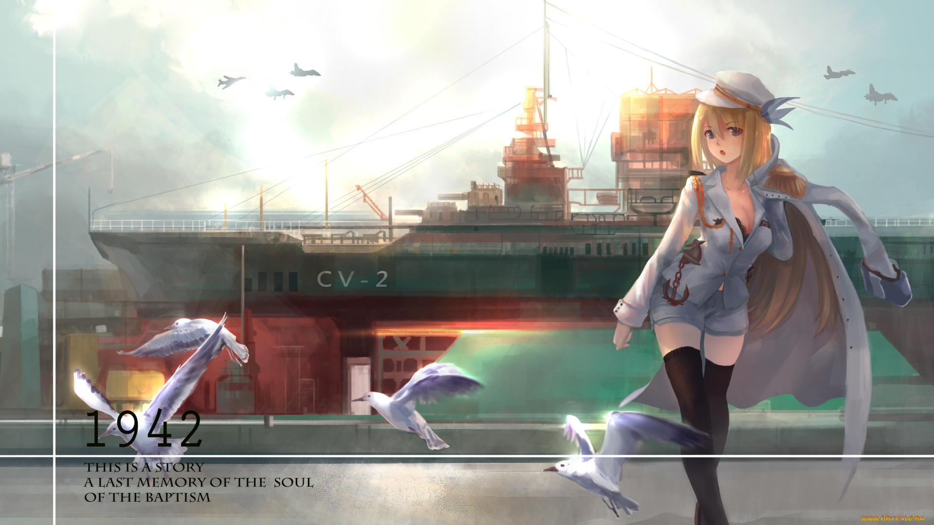 аниме, оружие, , техника, , технологии, девушка, шляпа, небо, пристань, форма, magician, голуби, корабль