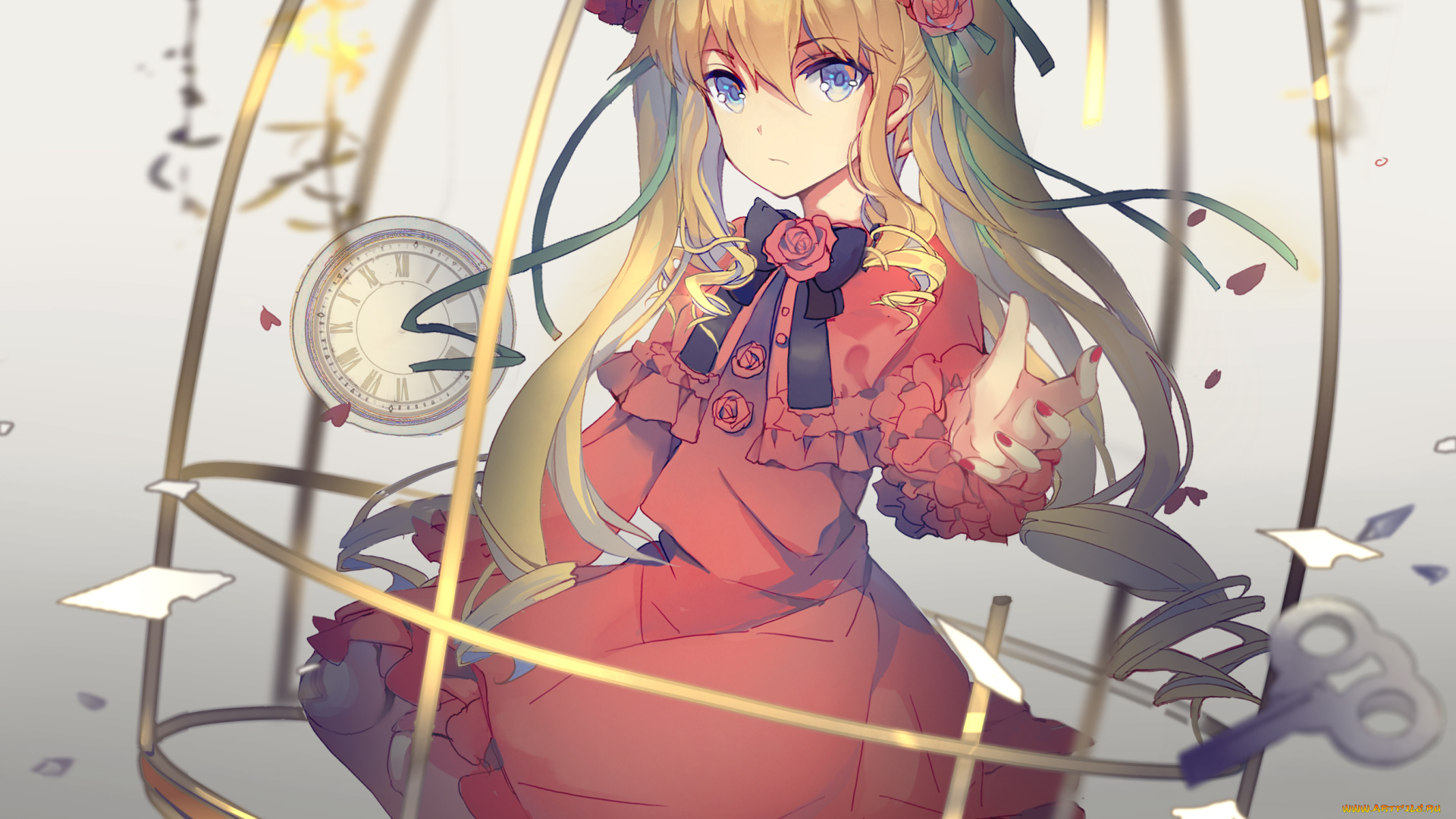 аниме, rozen, maiden, rozen, maiden, shinku, xiaohan6th, клетка, девушка, взгляд, блондинка, часы