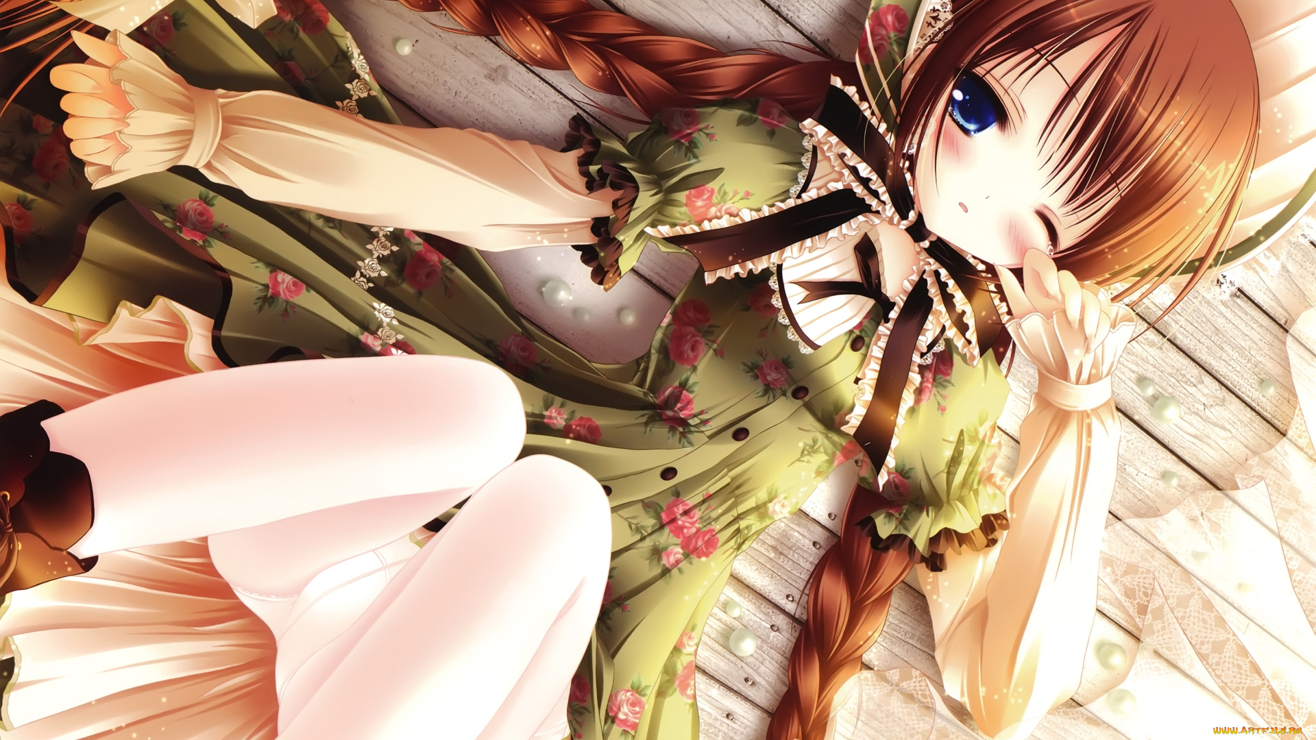 аниме, tinkerbell, , artbook, девушка, платье, взгляд, косы, лежит