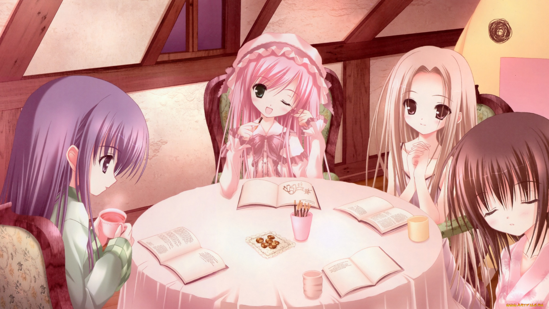 аниме, tinkerbell, , artbook, кружка, книга, комната, арт, девушки, чаепитие