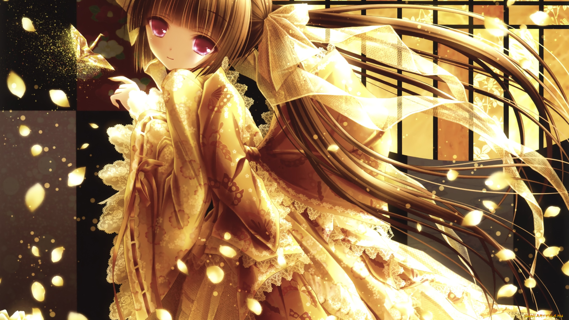 аниме, tinkle, , artbook, бант, взгляд, платье, девушка, арт, лепестки, tinkle