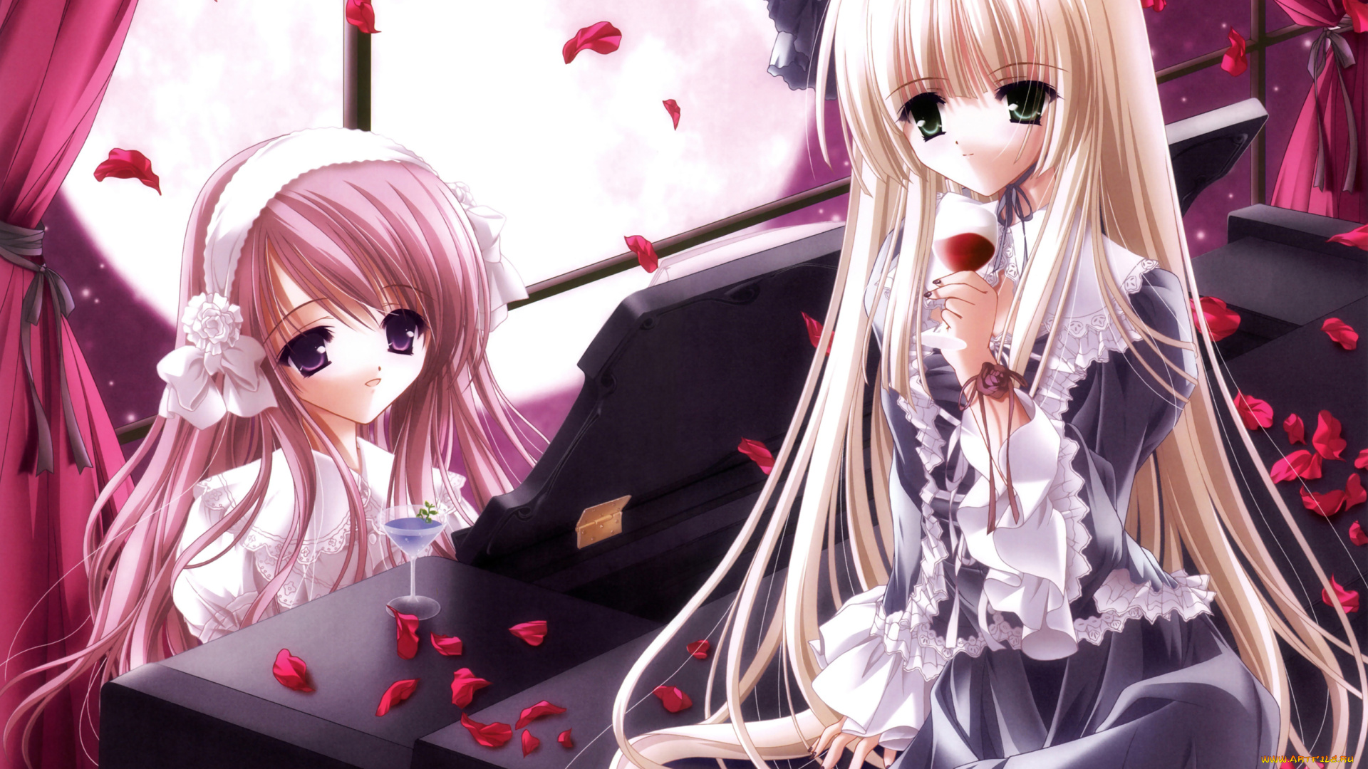 аниме, tinkle, , artbook, окно, лепестки, девушки, tinkle, бокалы, пианино