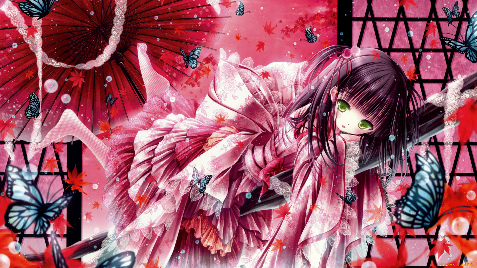 аниме, tinkle, , artbook, tinkle, бабочки, зонт, платье, взгляд, девушка, арт