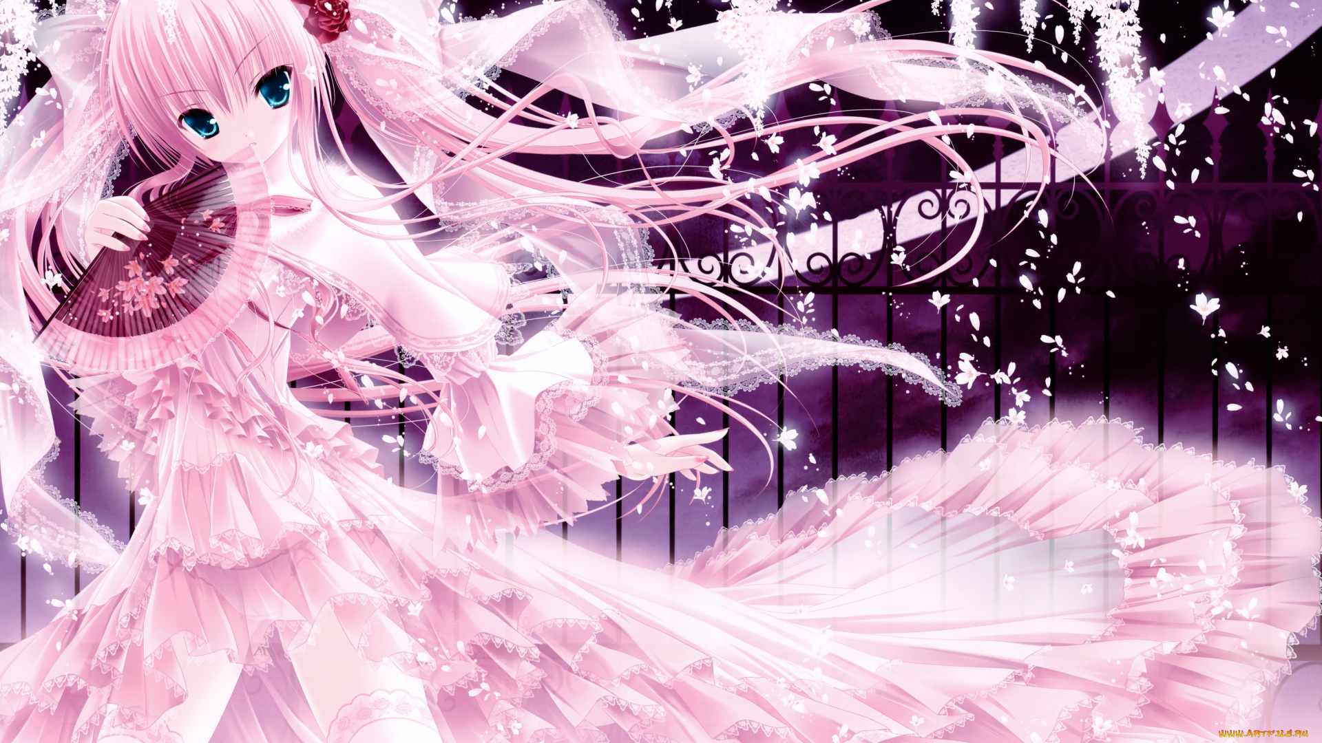 аниме, tinkle, , artbook, веер, розы, платье, волосы, девушка, арт, tinkle