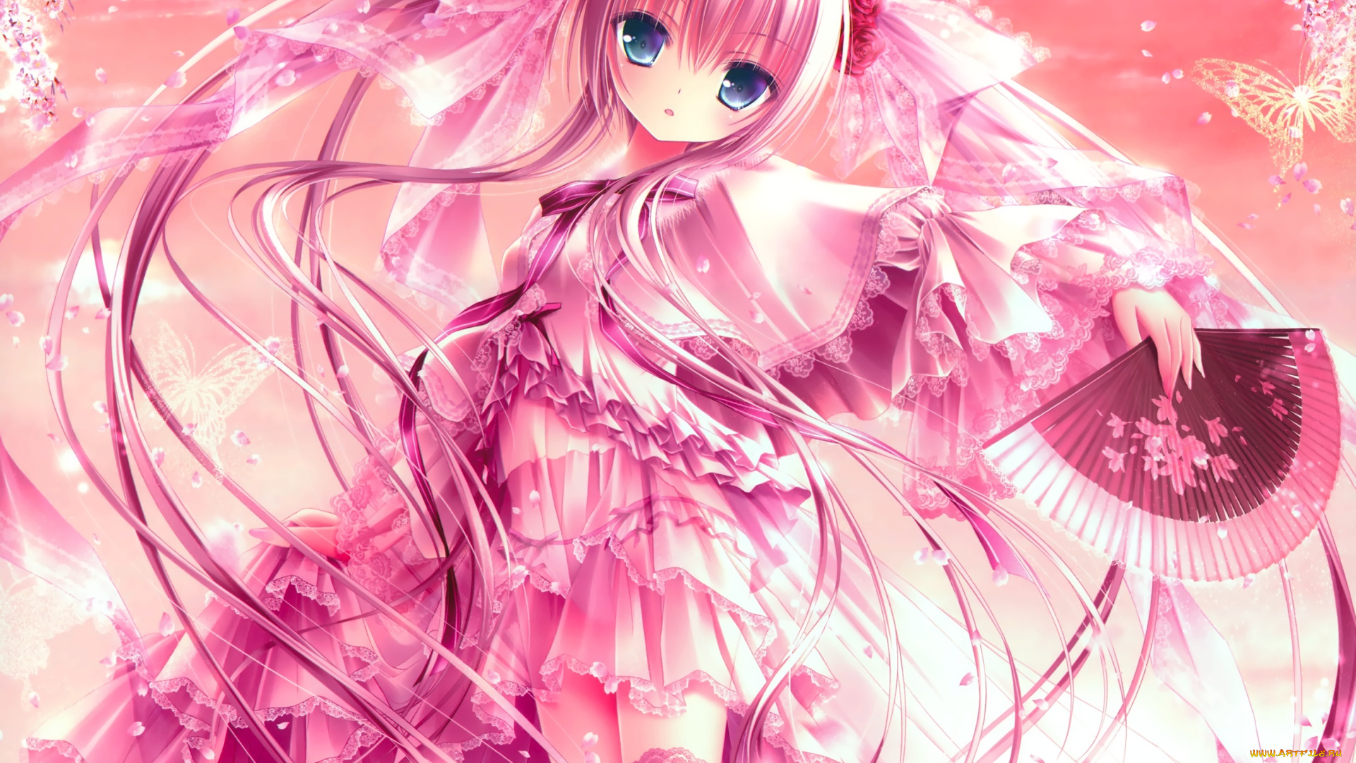 аниме, tinkle, , artbook, взгляд, розы, бабочки, веер, платье, девушка, tinkle