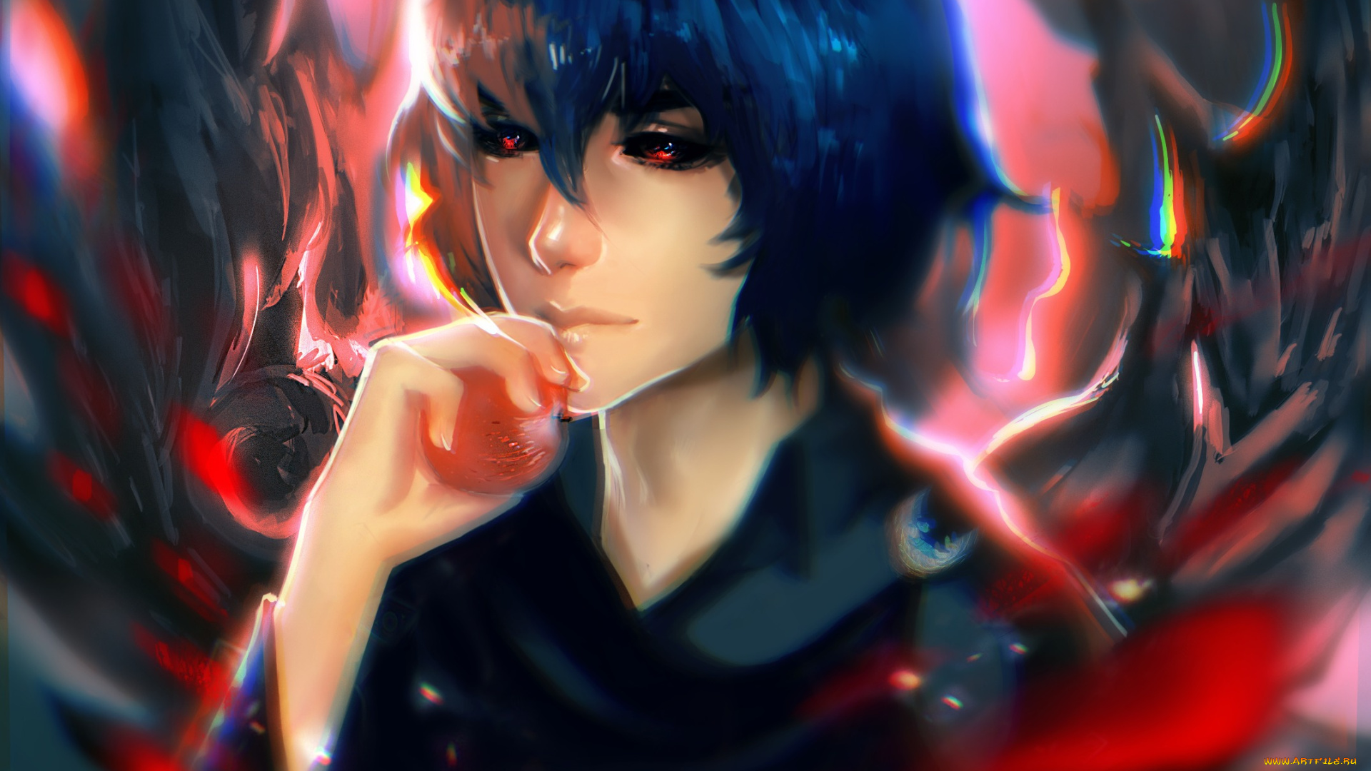 аниме, tokyo, ghoul, яблоко, брюнет, взгляд, парень