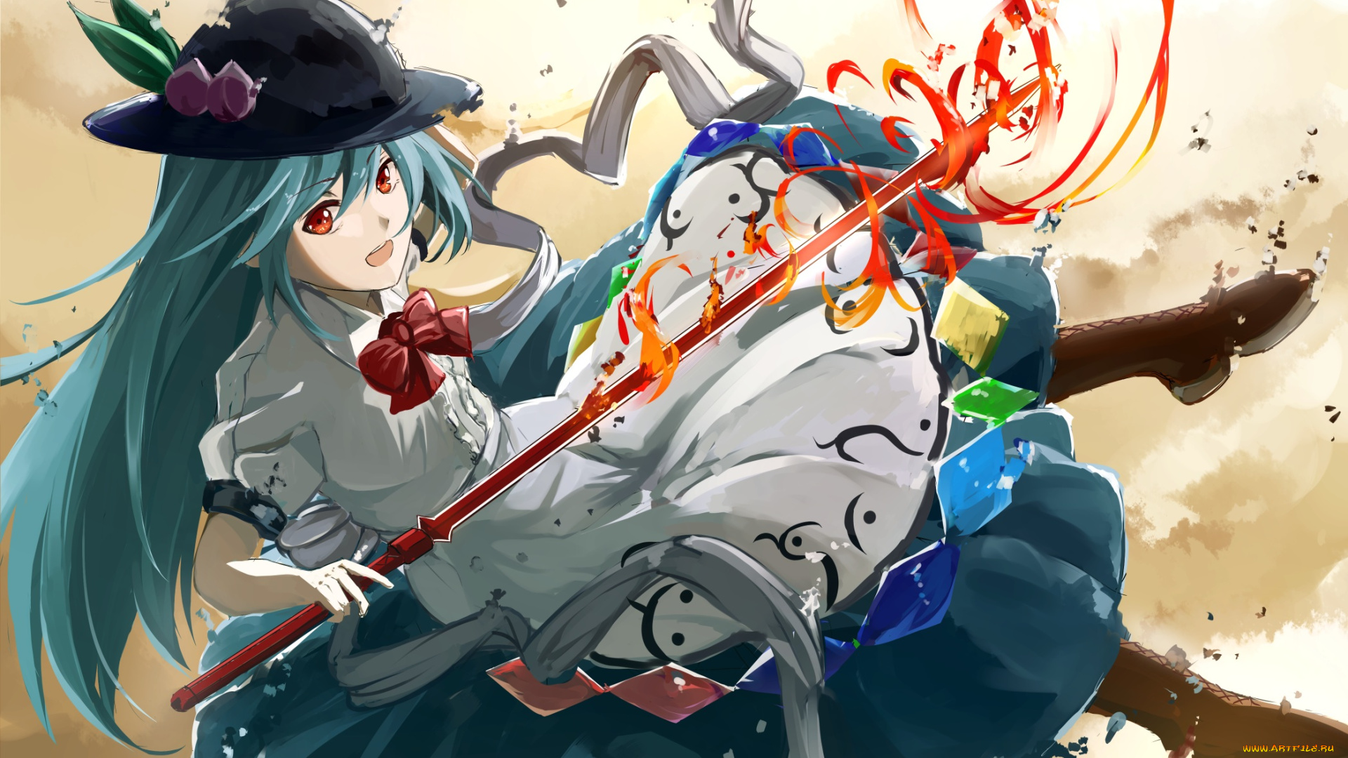 аниме, touhou, hinanawi, tenshi, посох, магия, шляпа, девушка, dawndusk