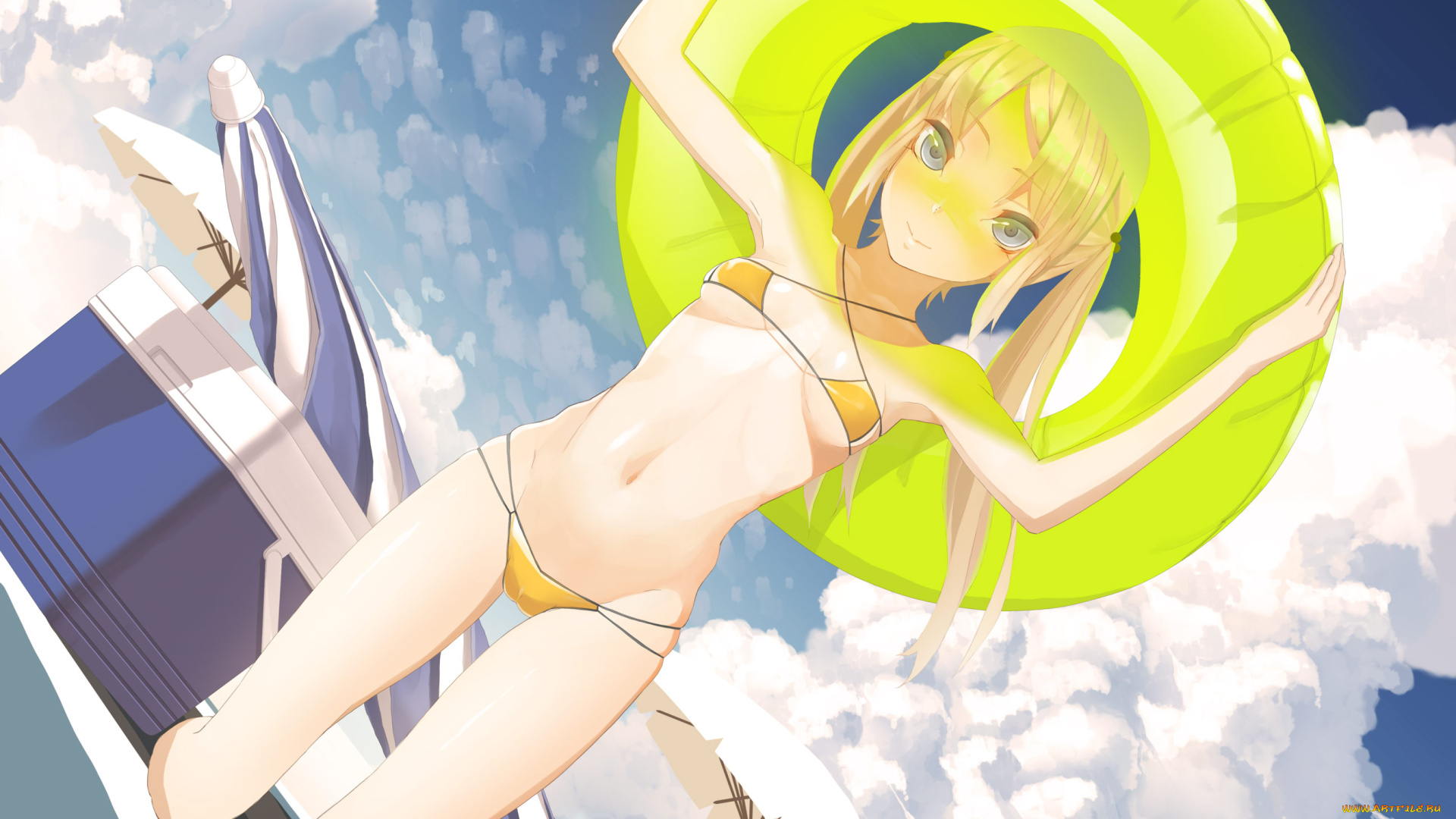 аниме, unknown, , другое, девушка, круг, пляж, купальник, облака, арт, небо, лето, блондинка, зонтики, throtem