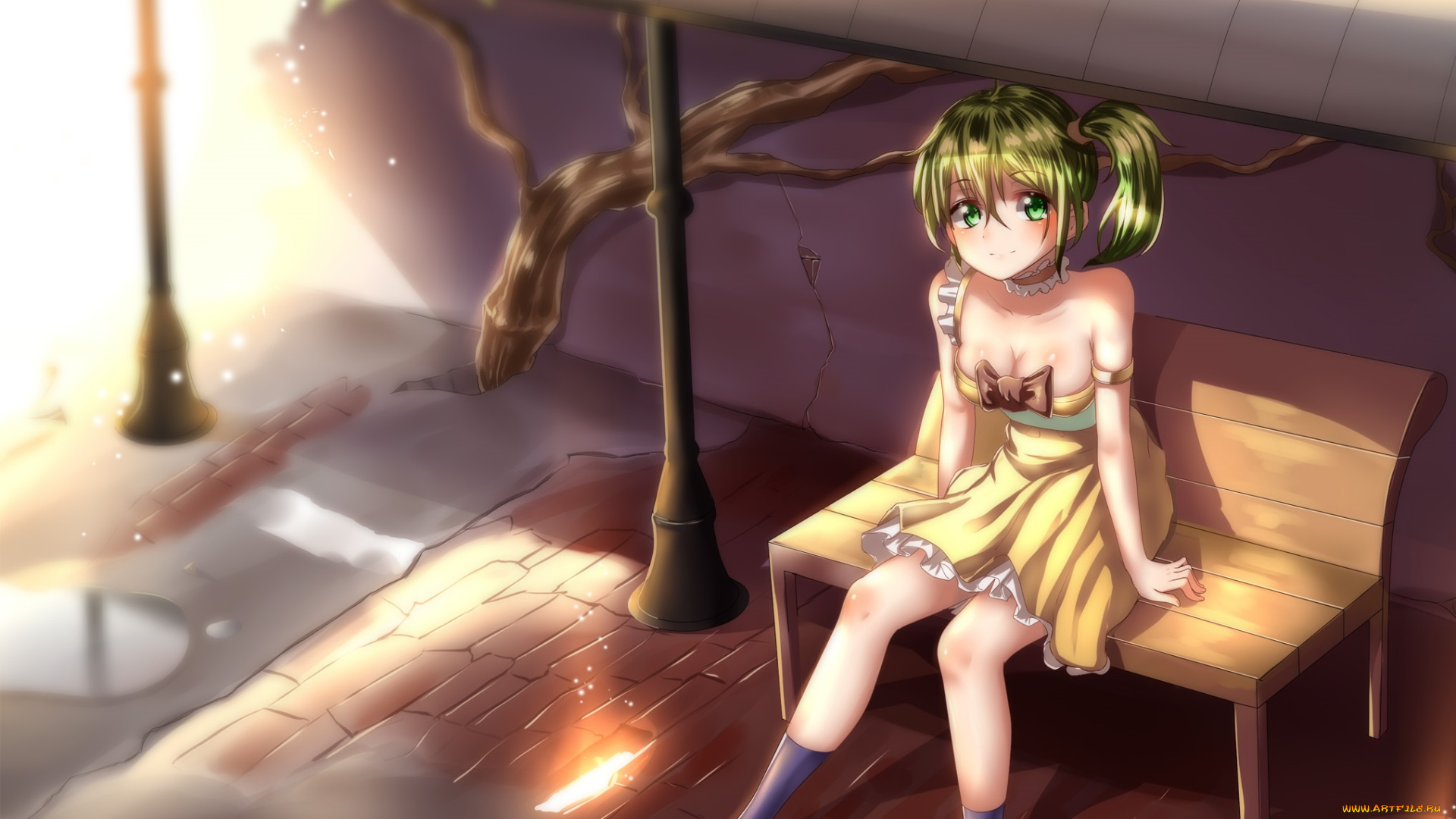 аниме, unknown, , другое, фонарный, столб, сидит, лавка, девушка, дерево, блондинка, арт, zxd0554, hk