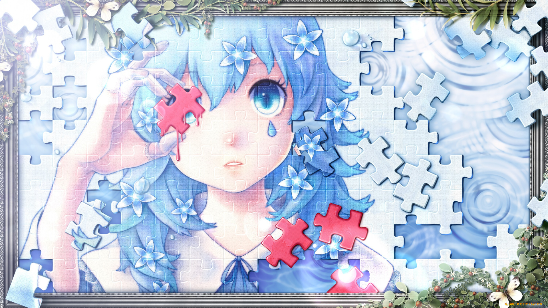 аниме, unknown, , другое, растения, арт, пазл, бабочки, девушка, ягоды, bouno, satoshi