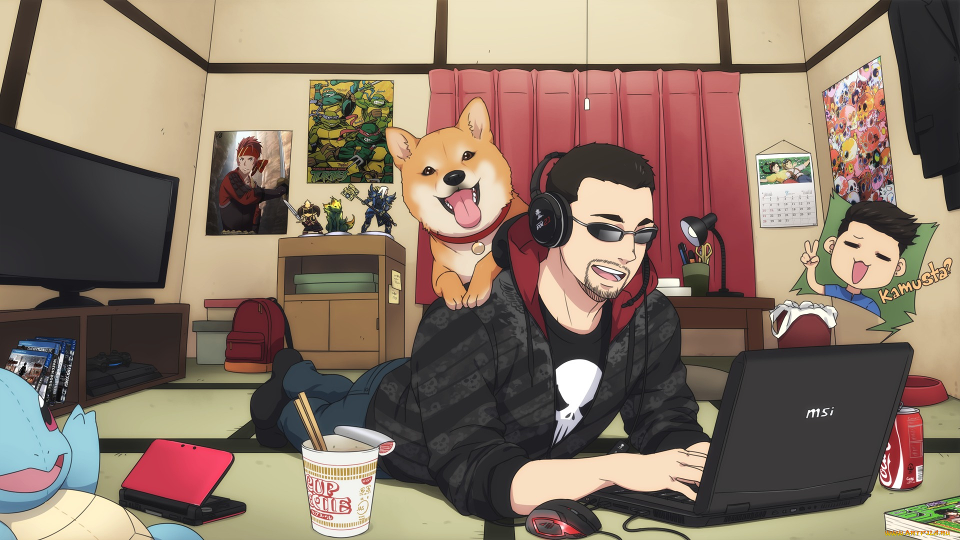 аниме, unknown, , другое, собака, очки, наушники, парень, комната, ноутбук, арт