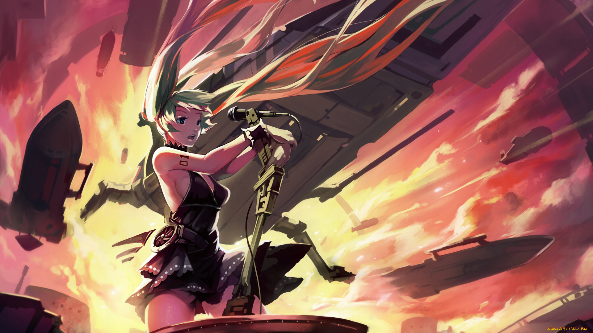 аниме, vocaloid, ракеты, самолёт, девушка, арт, hatsune, miku, iorlvm, микрофон