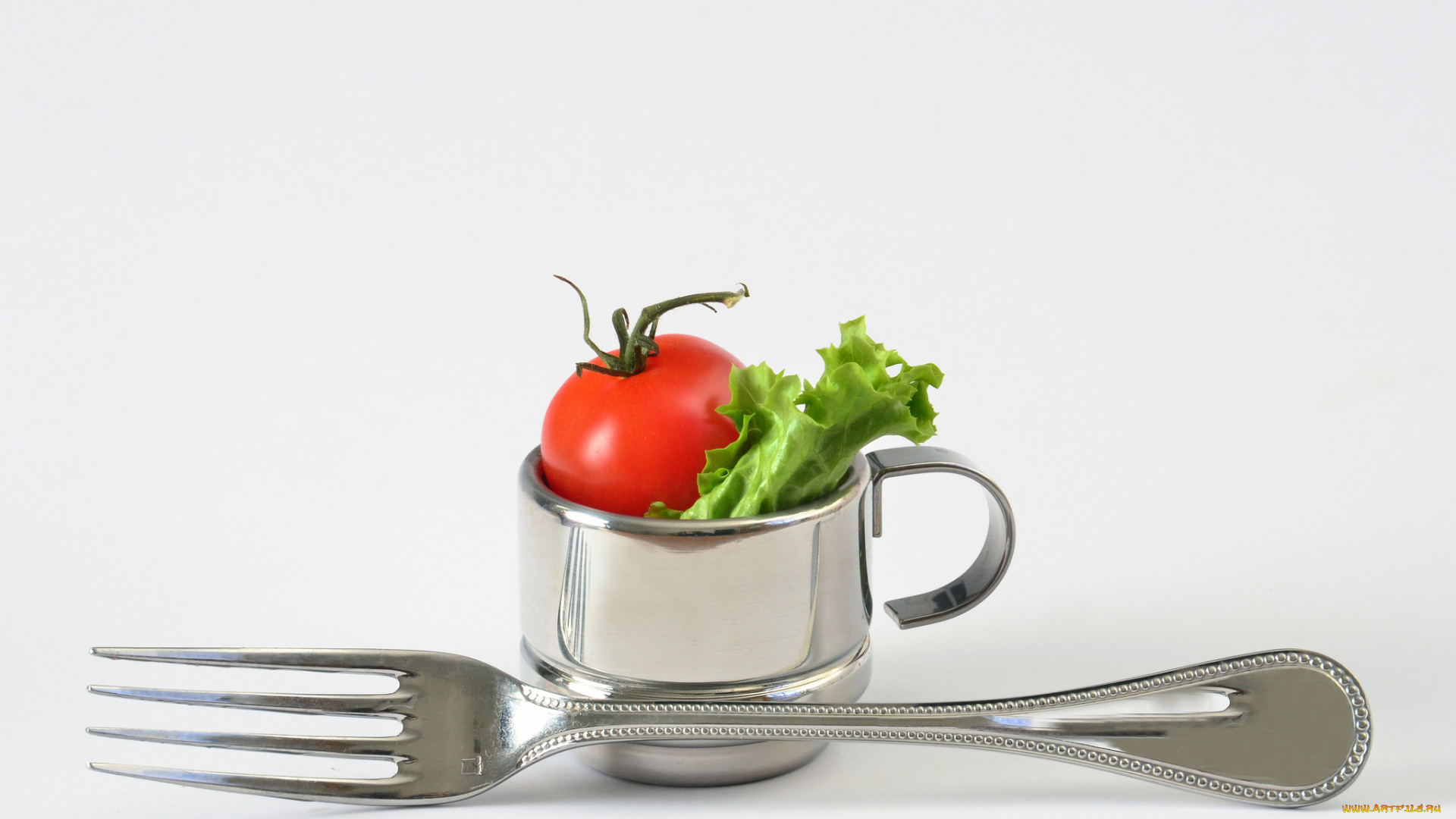 еда, помидоры, кружка, вилка, помидорка