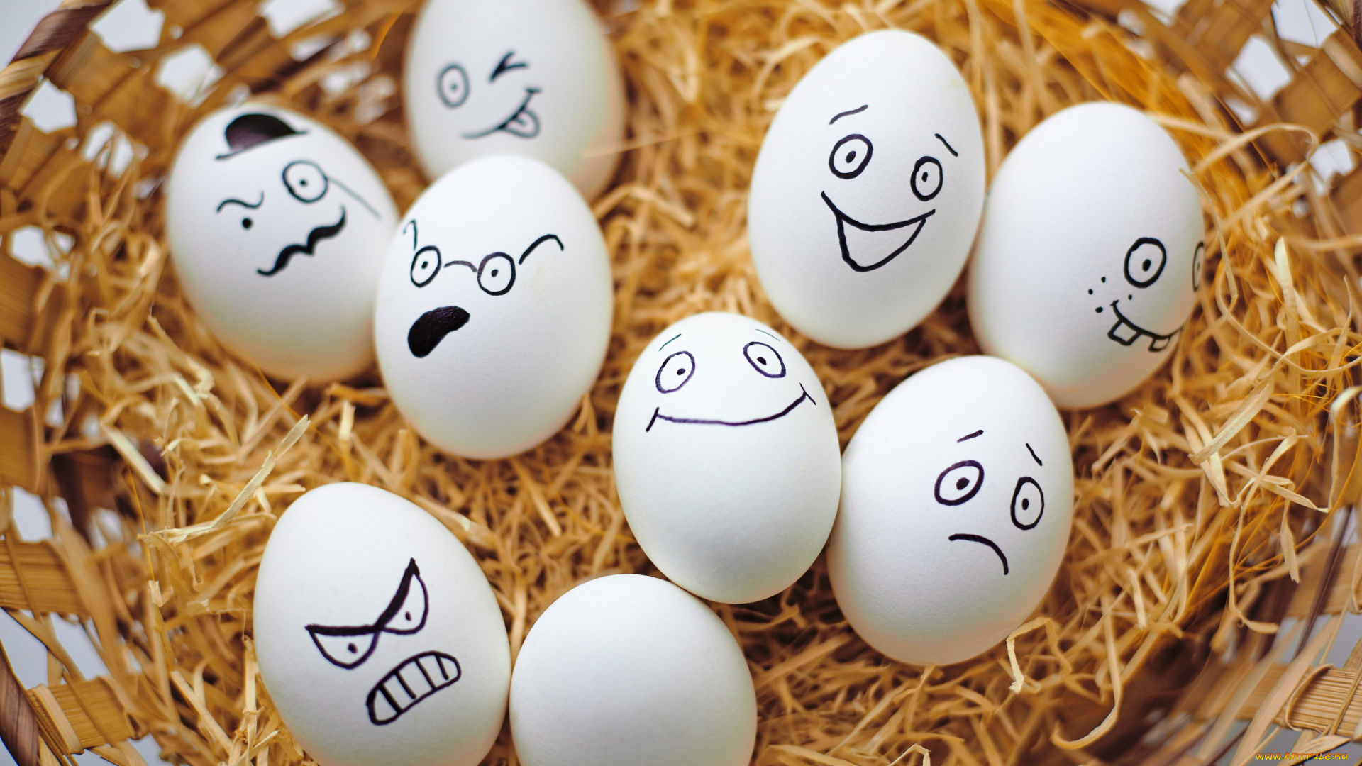 еда, Яйца, лица, сено, яйца, корзина
