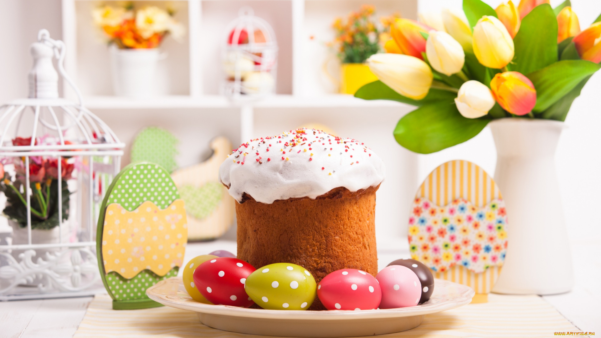 праздничные, пасха, blessed, easter, spring, holiday, decoration, tulips, cake, eggs, выпечка, глазурь, тюльпаны, яйца, кулич, стол