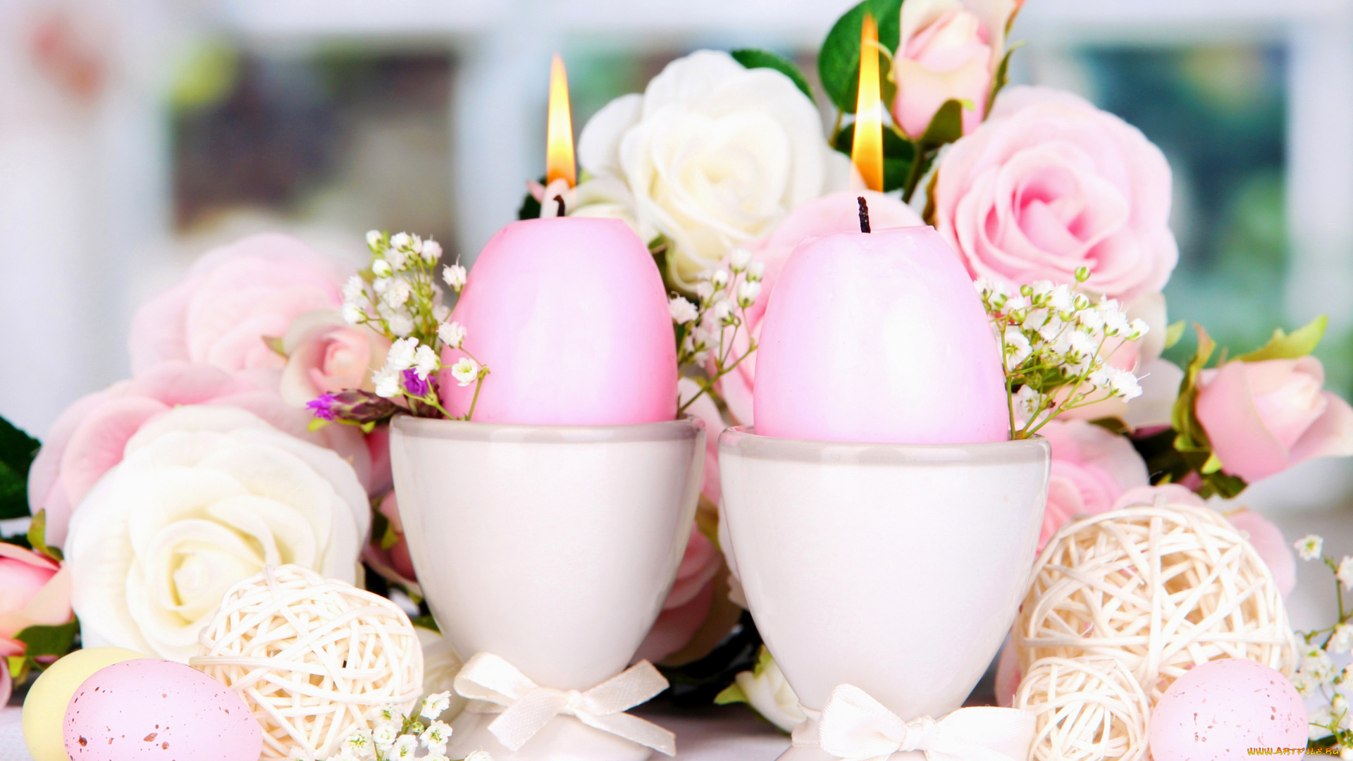 праздничные, пасха, розы, яйца, свечи