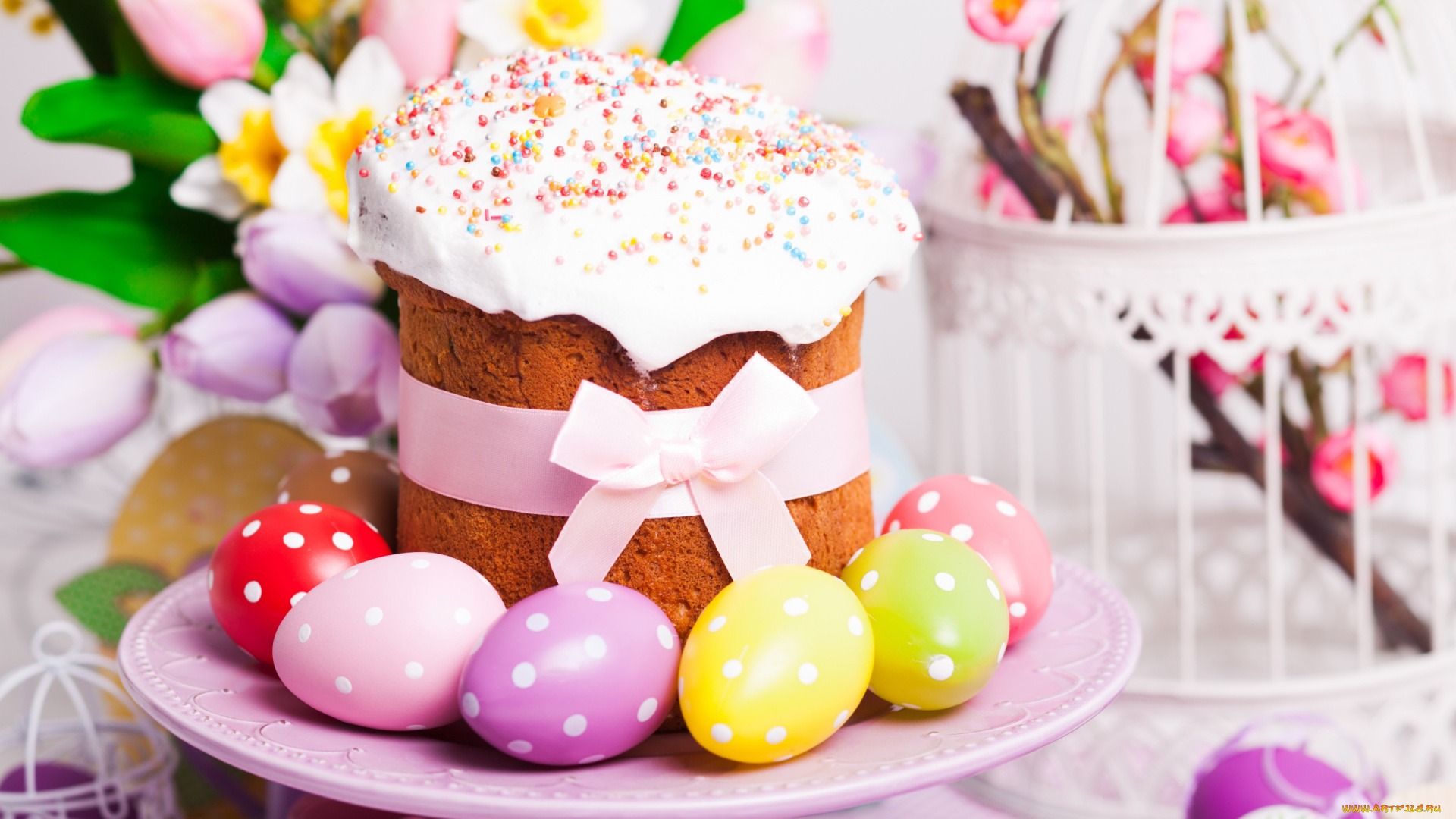 праздничные, пасха, spring, tulips, выпечка, глазурь, cake, easter, тюльпаны, eggs, кулич, blessed, яйца, holiday