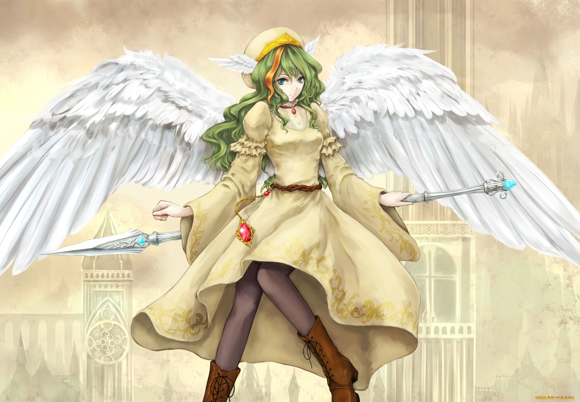 аниме, ангелы, , демоны, копье, девушка, jure, of, healing, elona, yanaginiame, mia, платье, город, кулон, крылья, арт