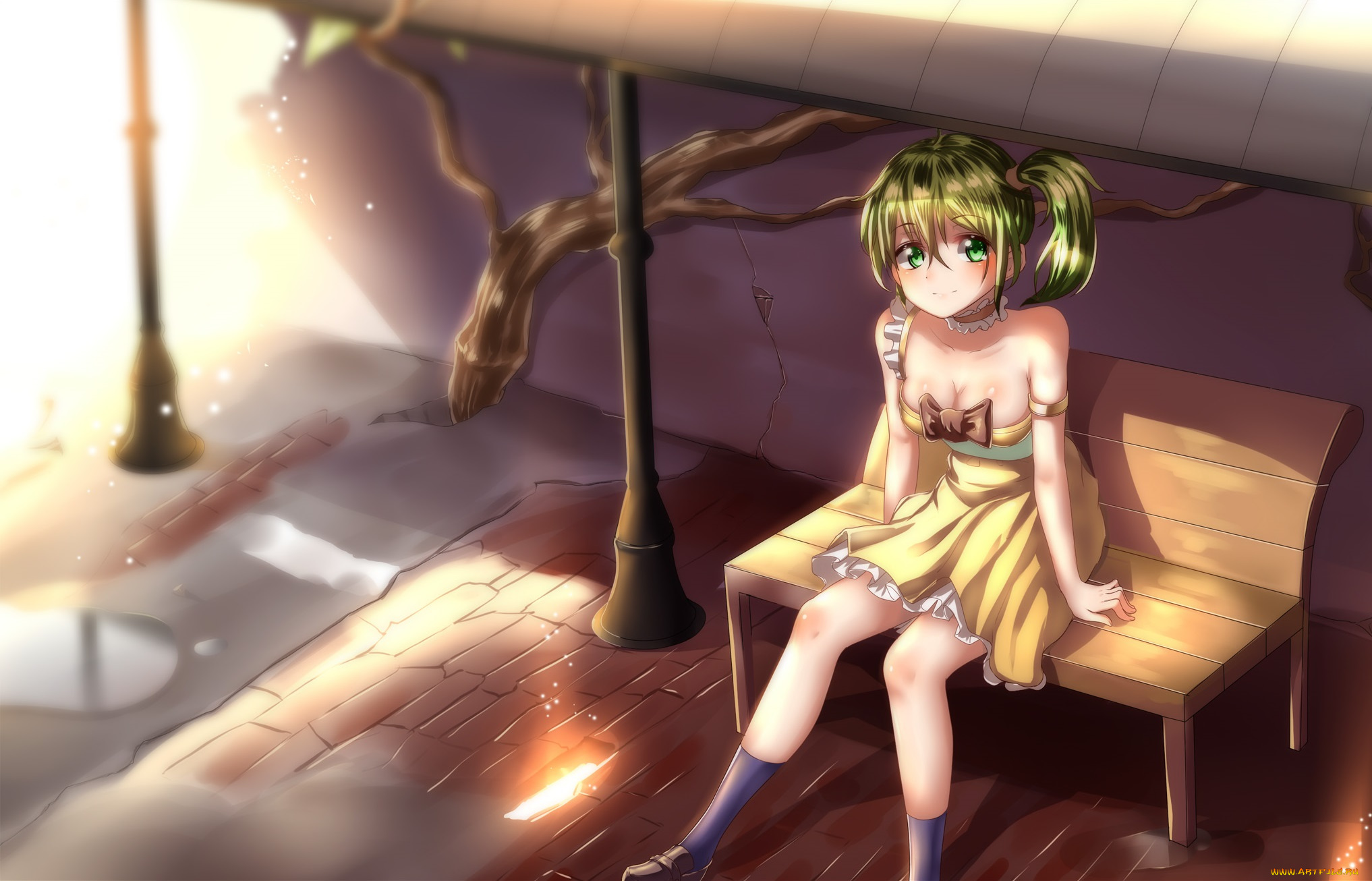 аниме, unknown, , другое, фонарный, столб, сидит, лавка, девушка, дерево, блондинка, арт, zxd0554, hk