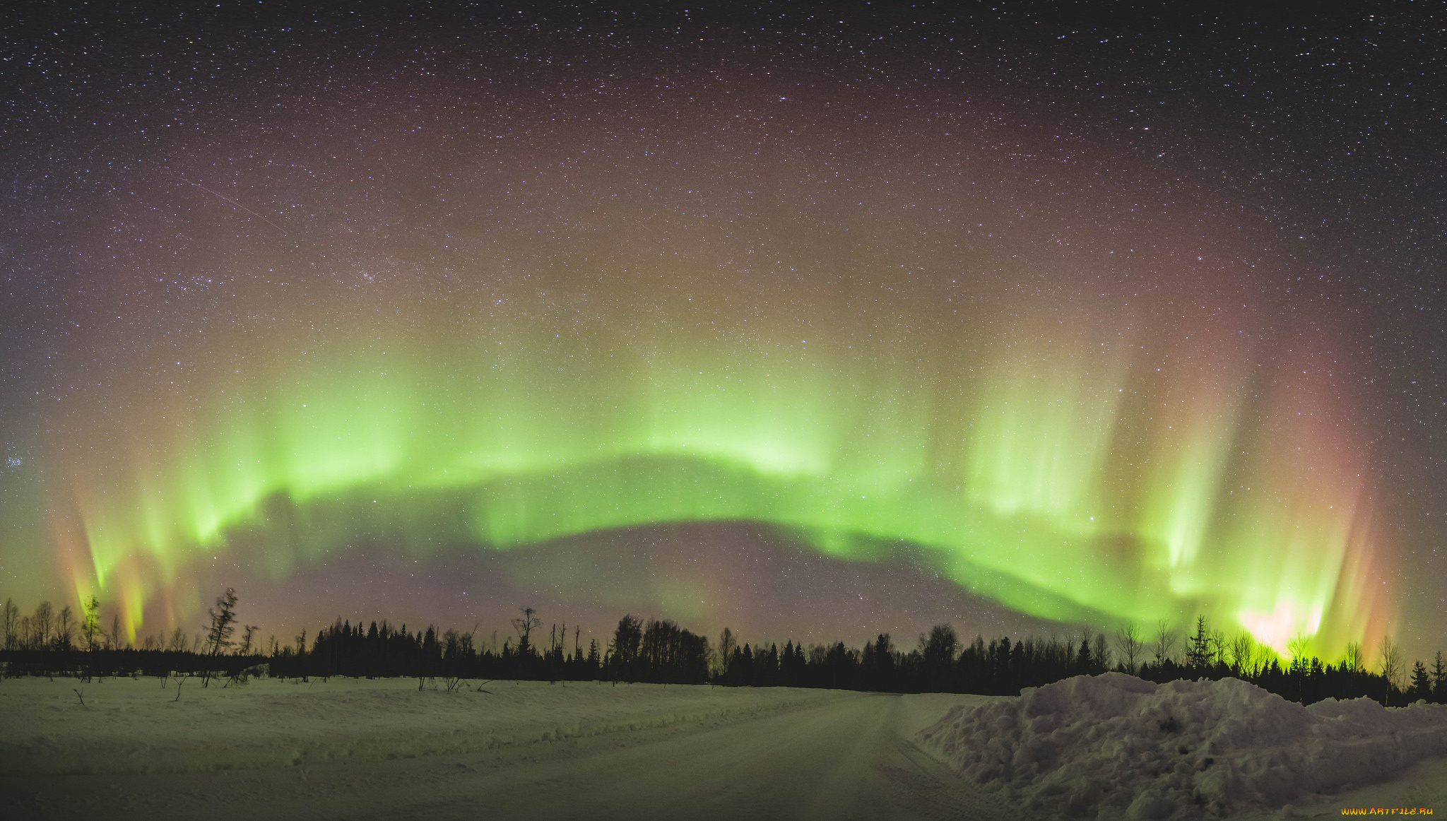 природа, северное, сияние, дорога, снег, деревья, звезды, небо, северное, сияние