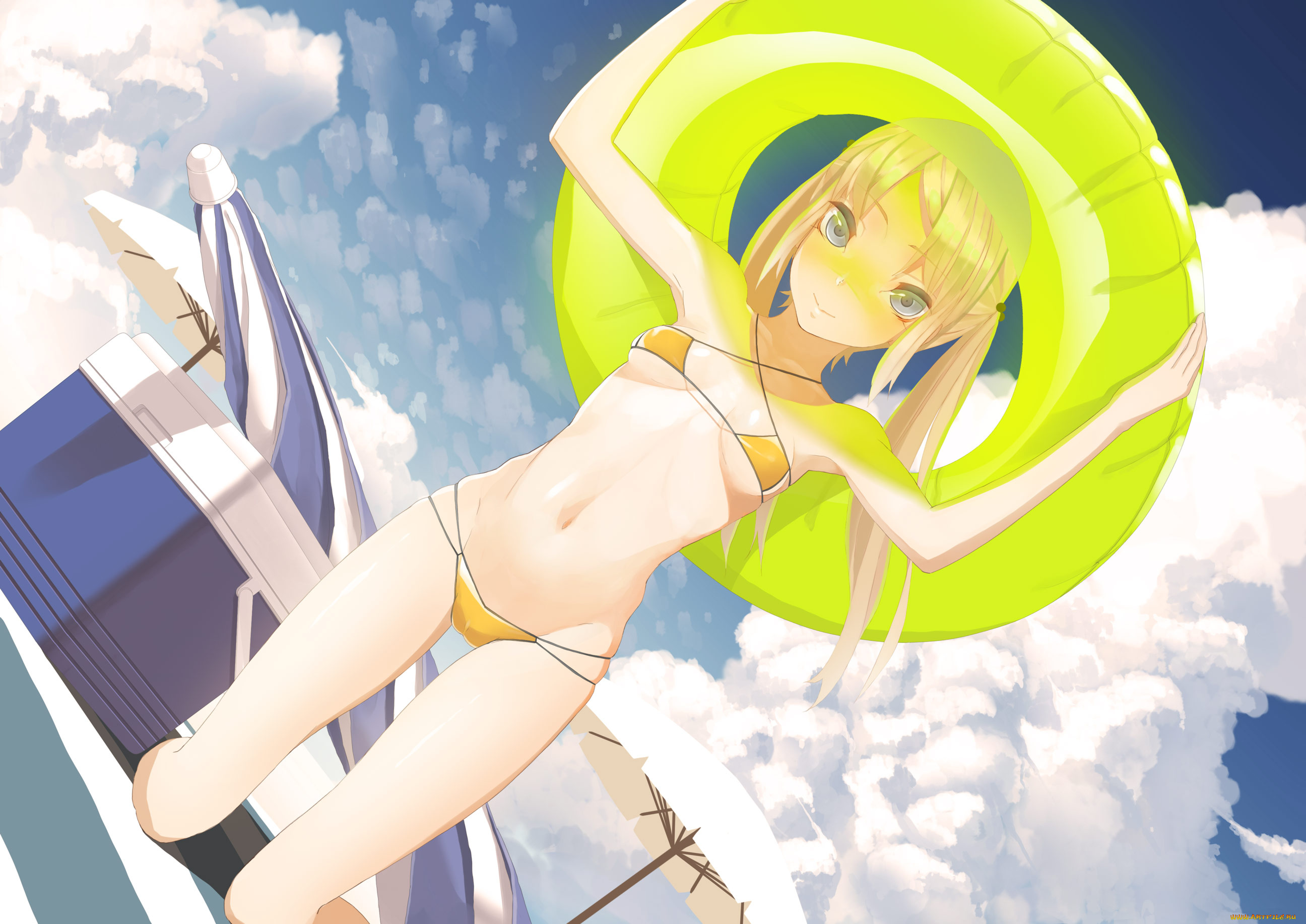 аниме, unknown, , другое, девушка, круг, пляж, купальник, облака, арт, небо, лето, блондинка, зонтики, throtem