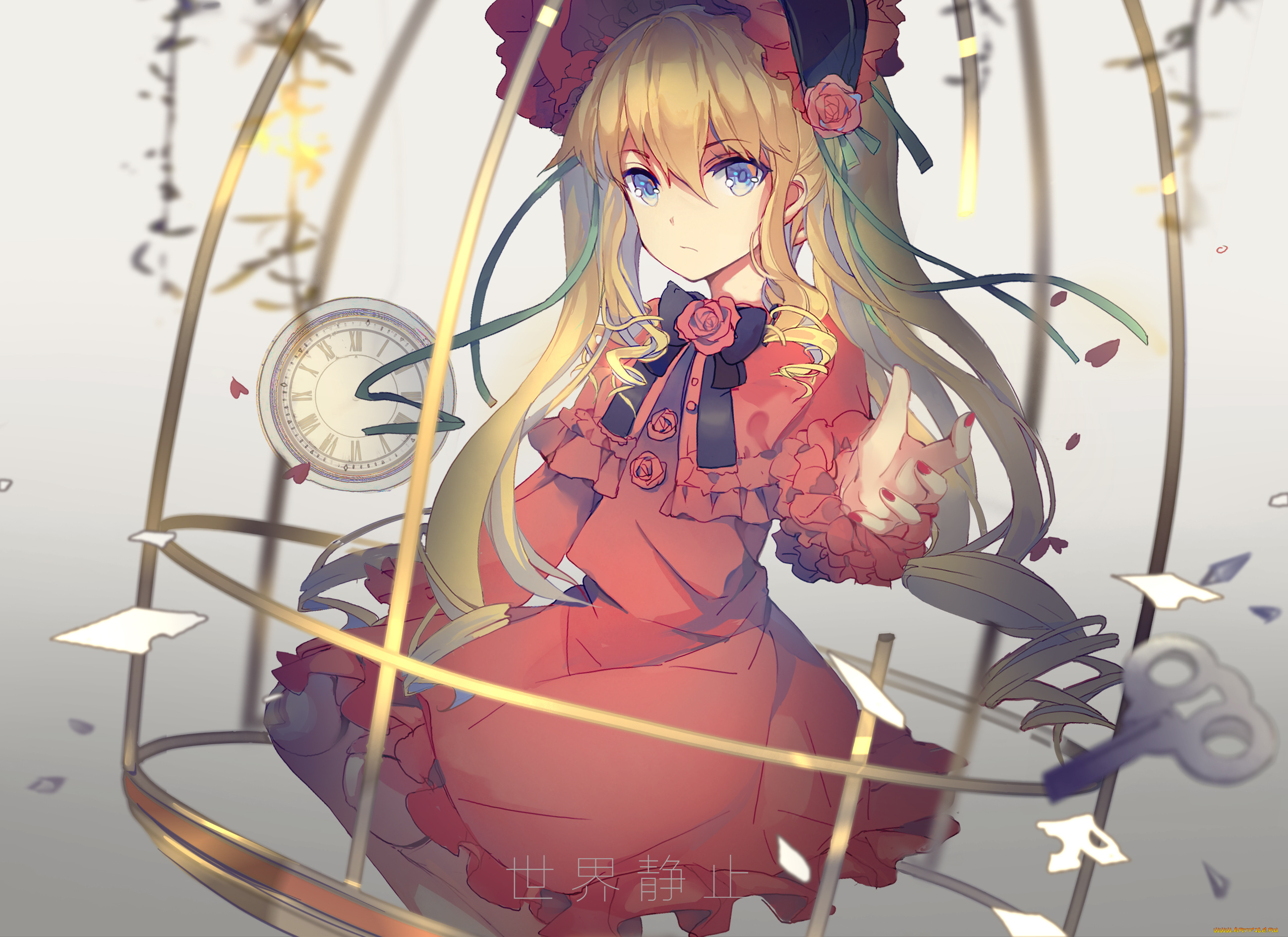 аниме, rozen, maiden, rozen, maiden, shinku, xiaohan6th, клетка, девушка, взгляд, блондинка, часы