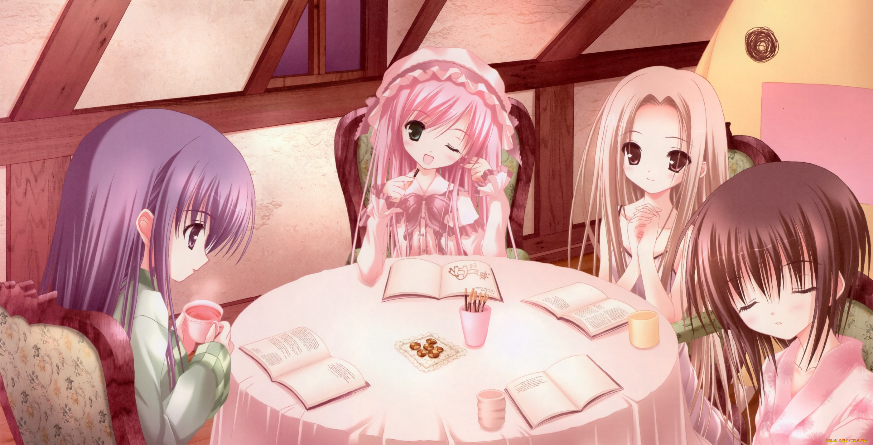 аниме, tinkerbell, , artbook, кружка, книга, комната, арт, девушки, чаепитие