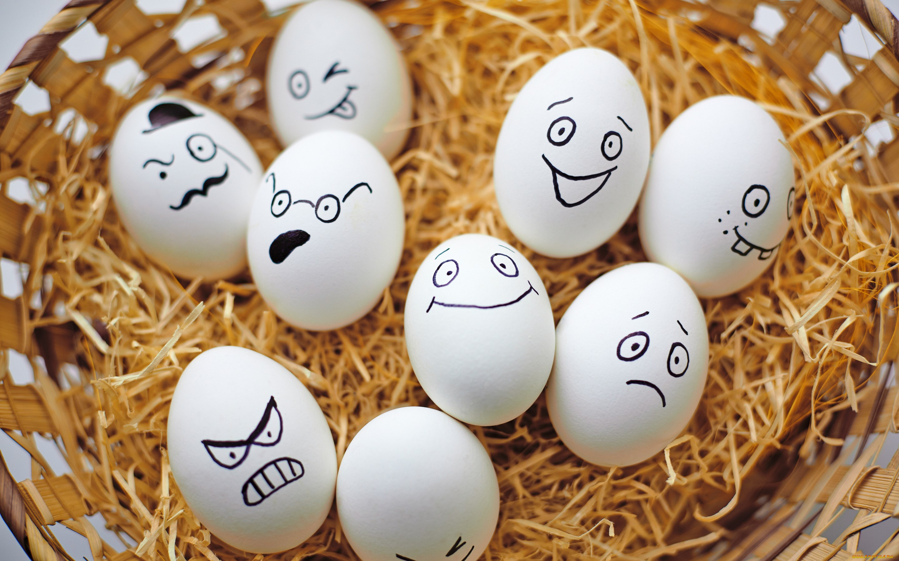 еда, Яйца, лица, сено, яйца, корзина
