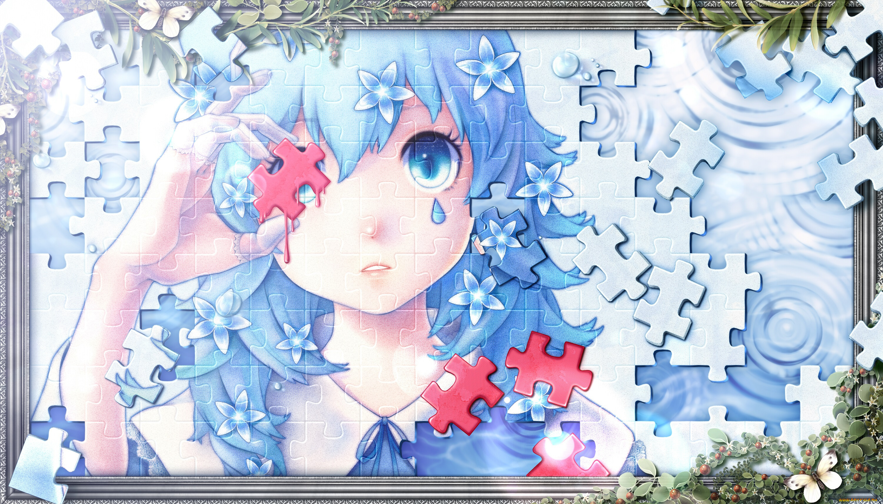 аниме, unknown, , другое, растения, арт, пазл, бабочки, девушка, ягоды, bouno, satoshi