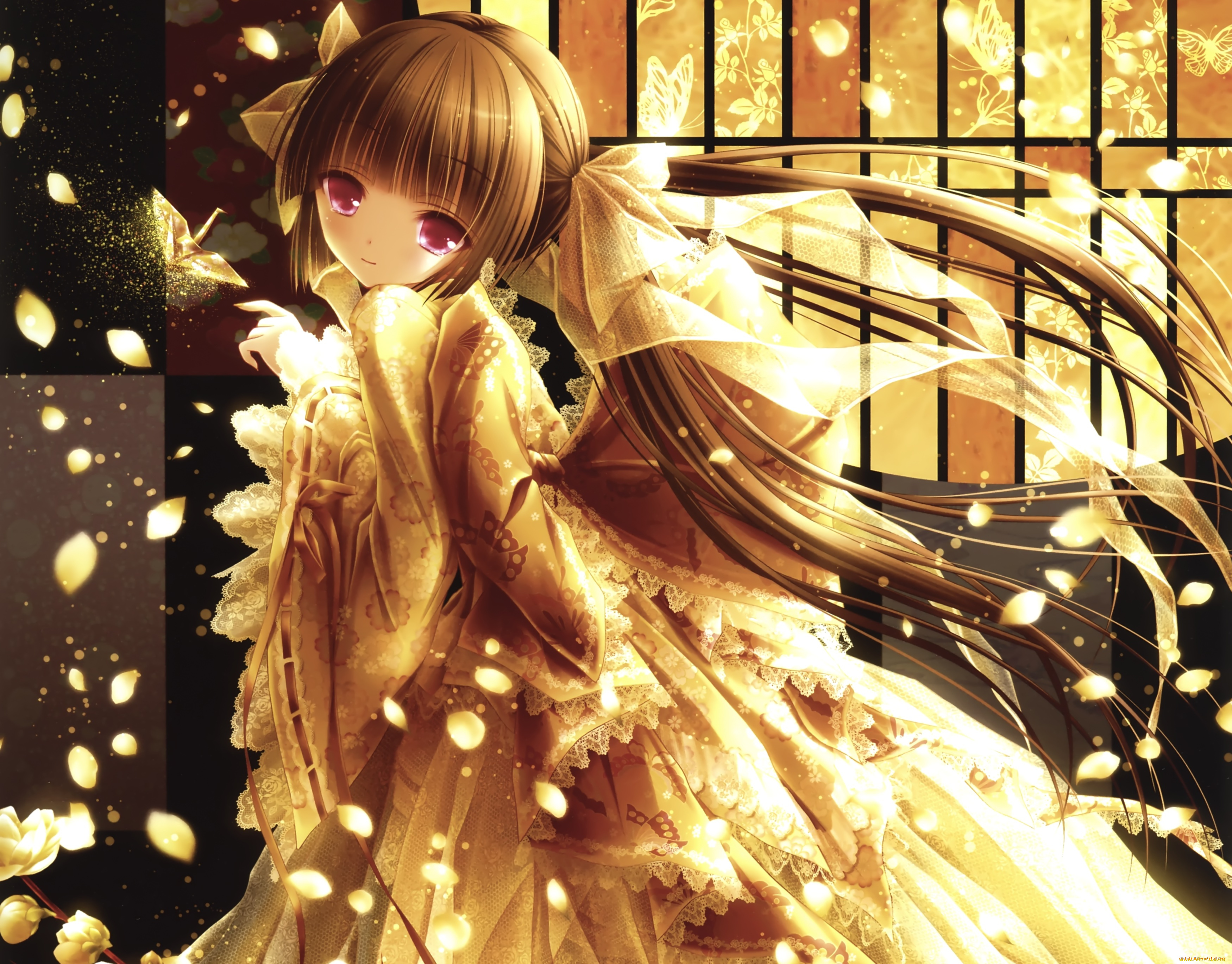 аниме, tinkle, , artbook, бант, взгляд, платье, девушка, арт, лепестки, tinkle